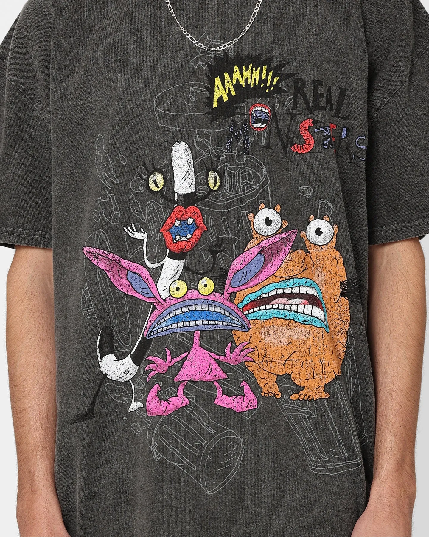 American Thrift x Aaahh!!! Real Monsters Monsters Heavyweight Vintage T-Shirt Black Wash Ribbed Collar Trim