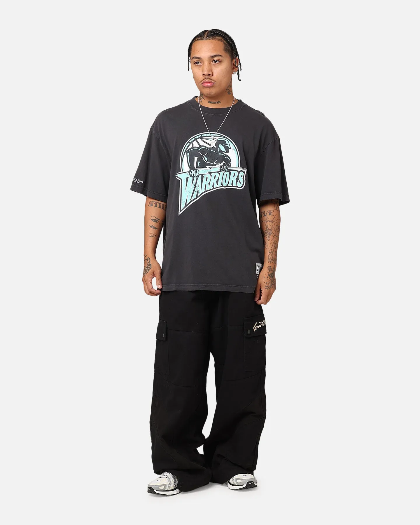 Cool and Comfortable Mitchell & Ness Golden State Warriors Ice Blue Logo T-Shirt Faded Black