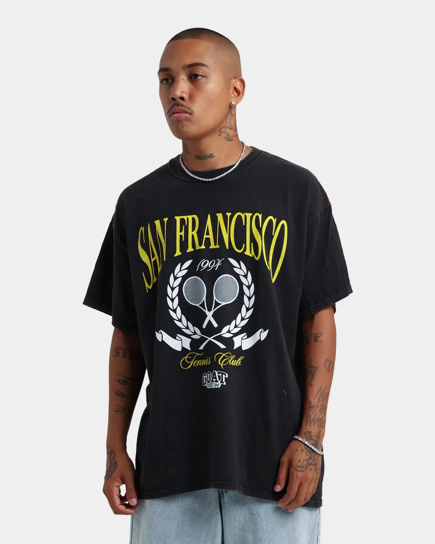 Comfy Fit Layer Layered Sleeve Goat Crew Tennis Club Vintage T-Shirt Black Wash