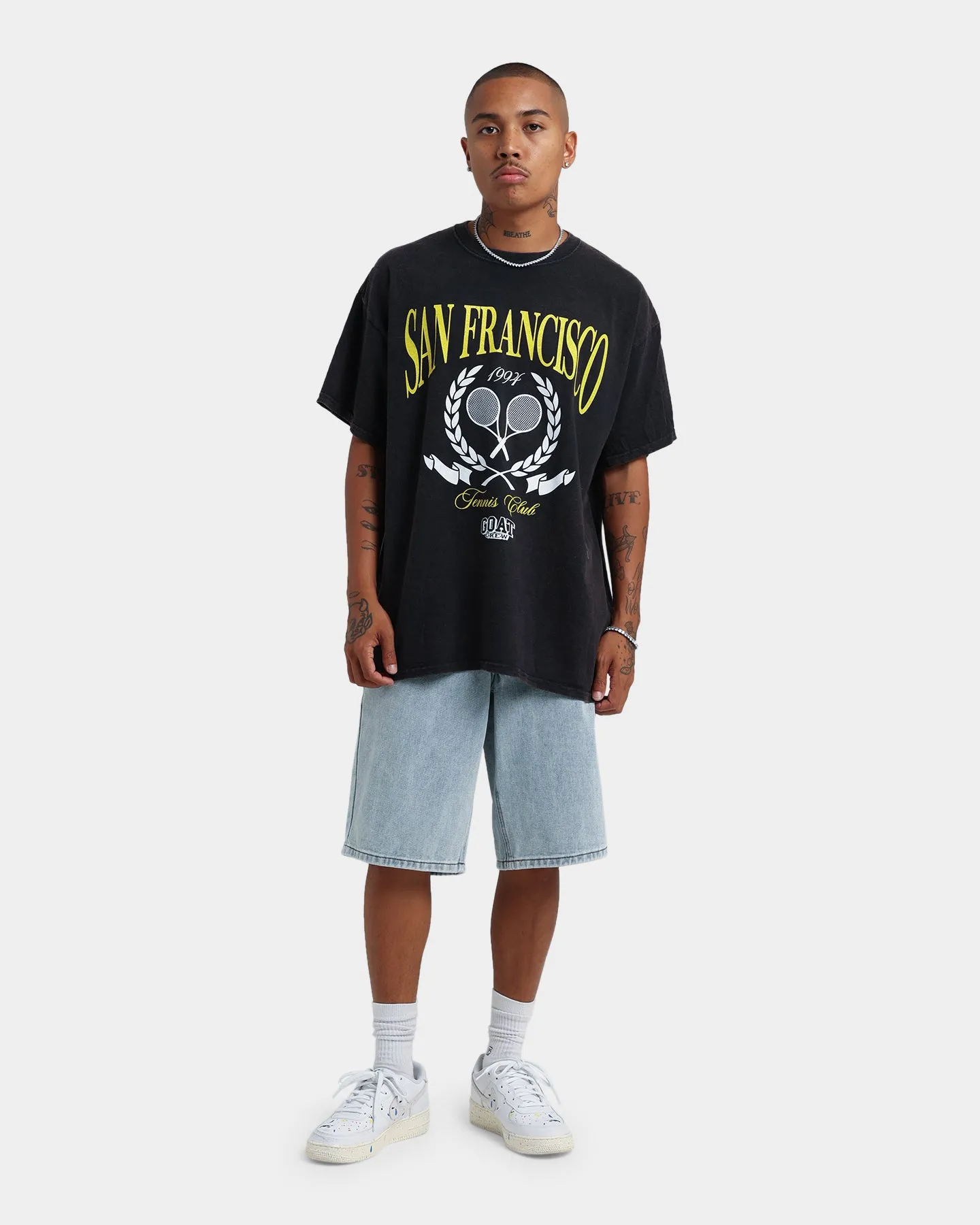 Goat Crew Tennis Club Vintage T-Shirt Black Wash Quick Dry Material