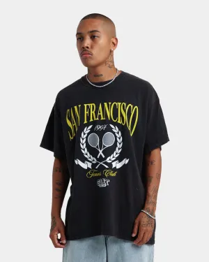 Comfy Fit Layer Layered Sleeve Goat Crew Tennis Club Vintage T-Shirt Black Wash