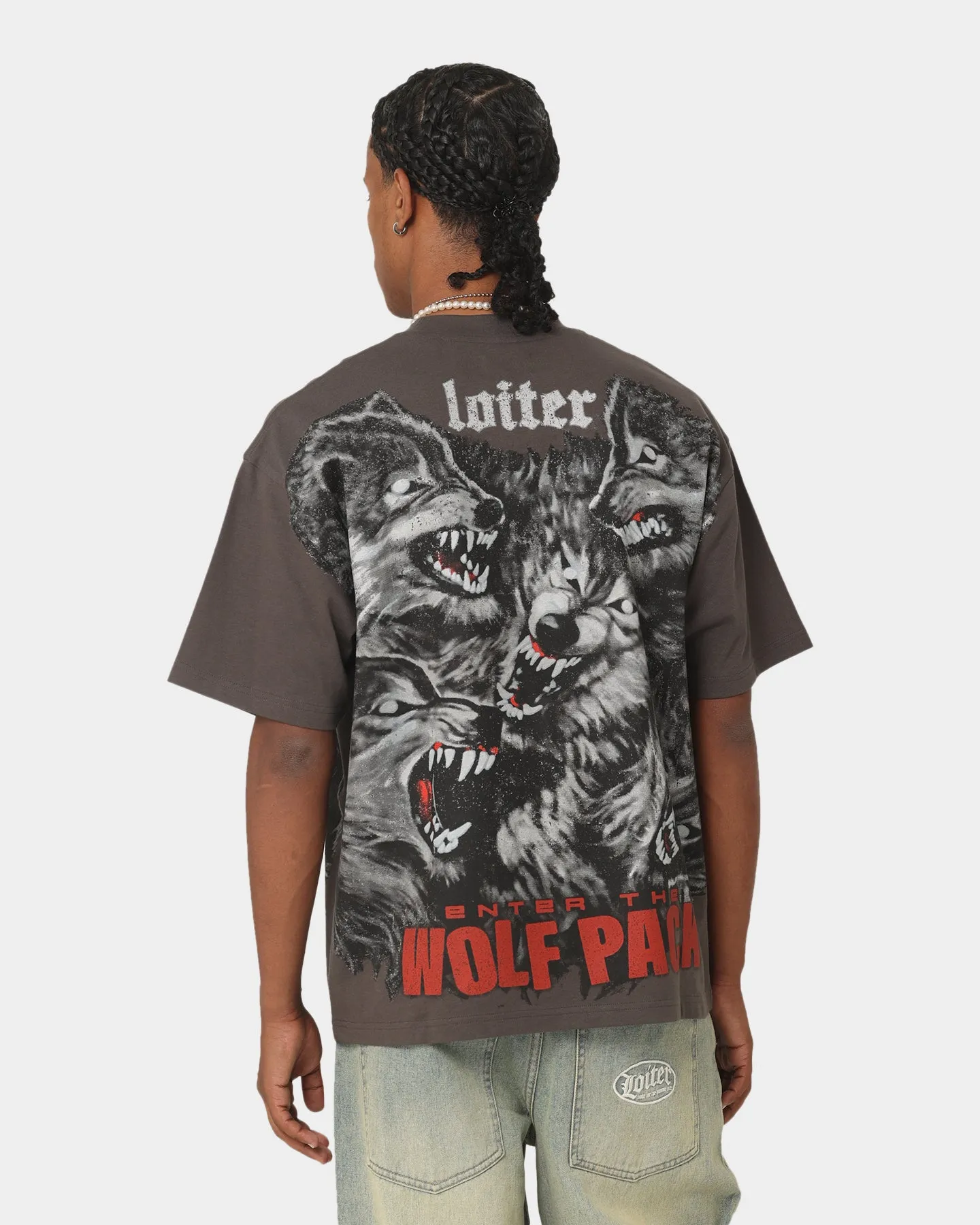 Loiter Wolf Pack Vintage T-Shirt Charcoal polo neck