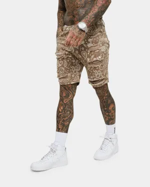 Saint Morta Paisley Skulls Denim Shorts Vintage Brown Anti Pilling Fabric Gusseted Crotch