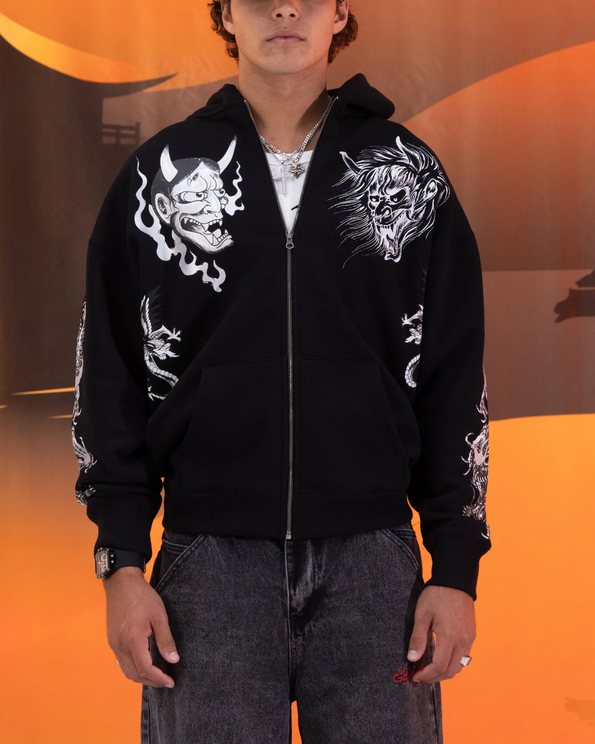 City Edge Layering Piece Ed Hardy Floral Zip Hoodie Black