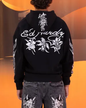 Ed Hardy Floral Zip Hoodie Black Sport Style Cool Weather Wear