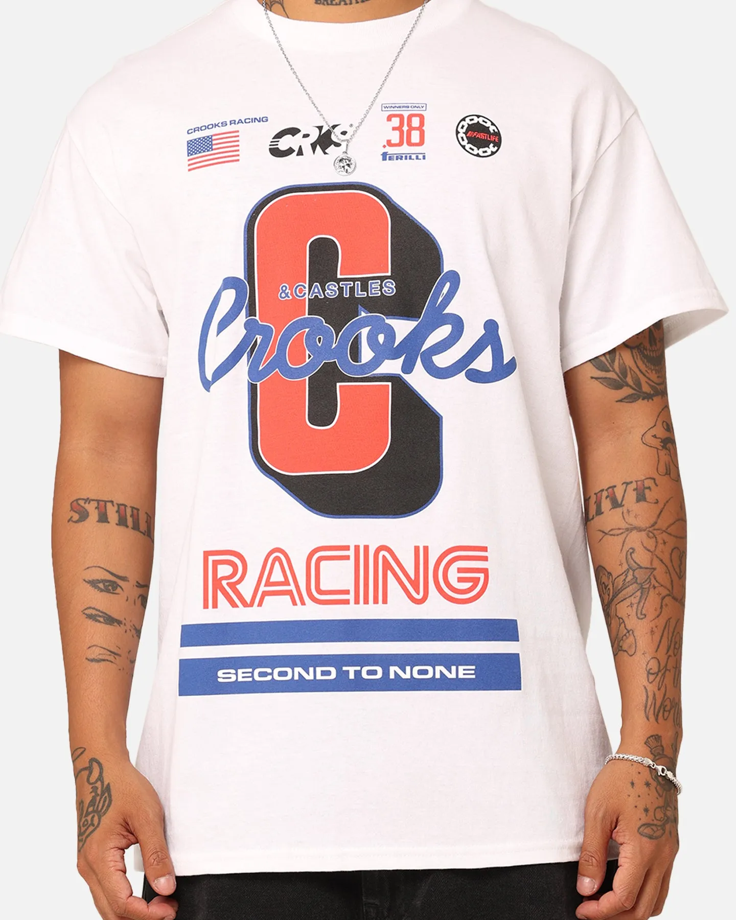 Crooks & Castles Racing T-Shirt White Raw Edge Hem