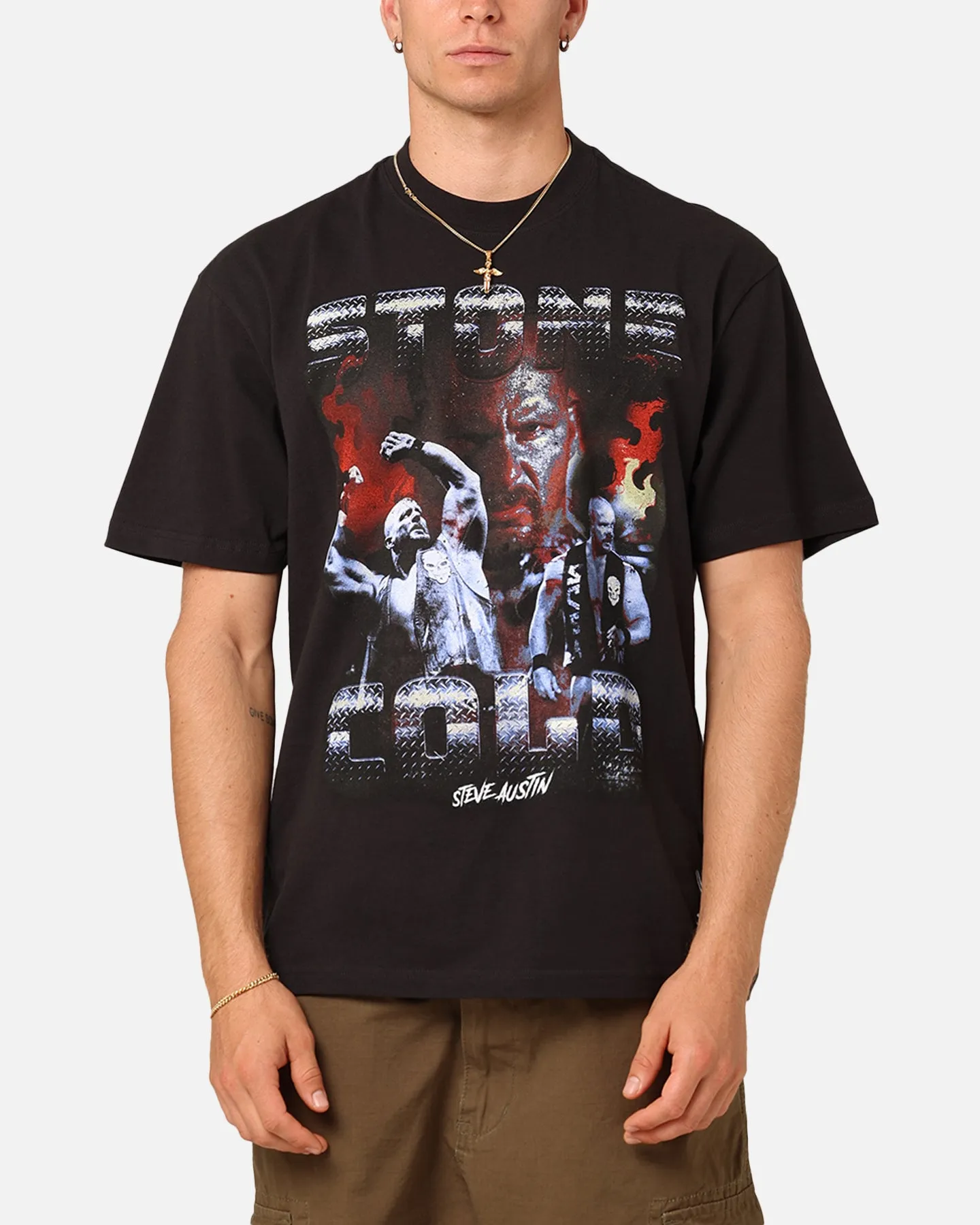 Mitchell & Ness X WWE Stone Cold Steve Austin Stone Cold T-Shirt Overdyed Black All-day Comfort Layered Hem Detail
