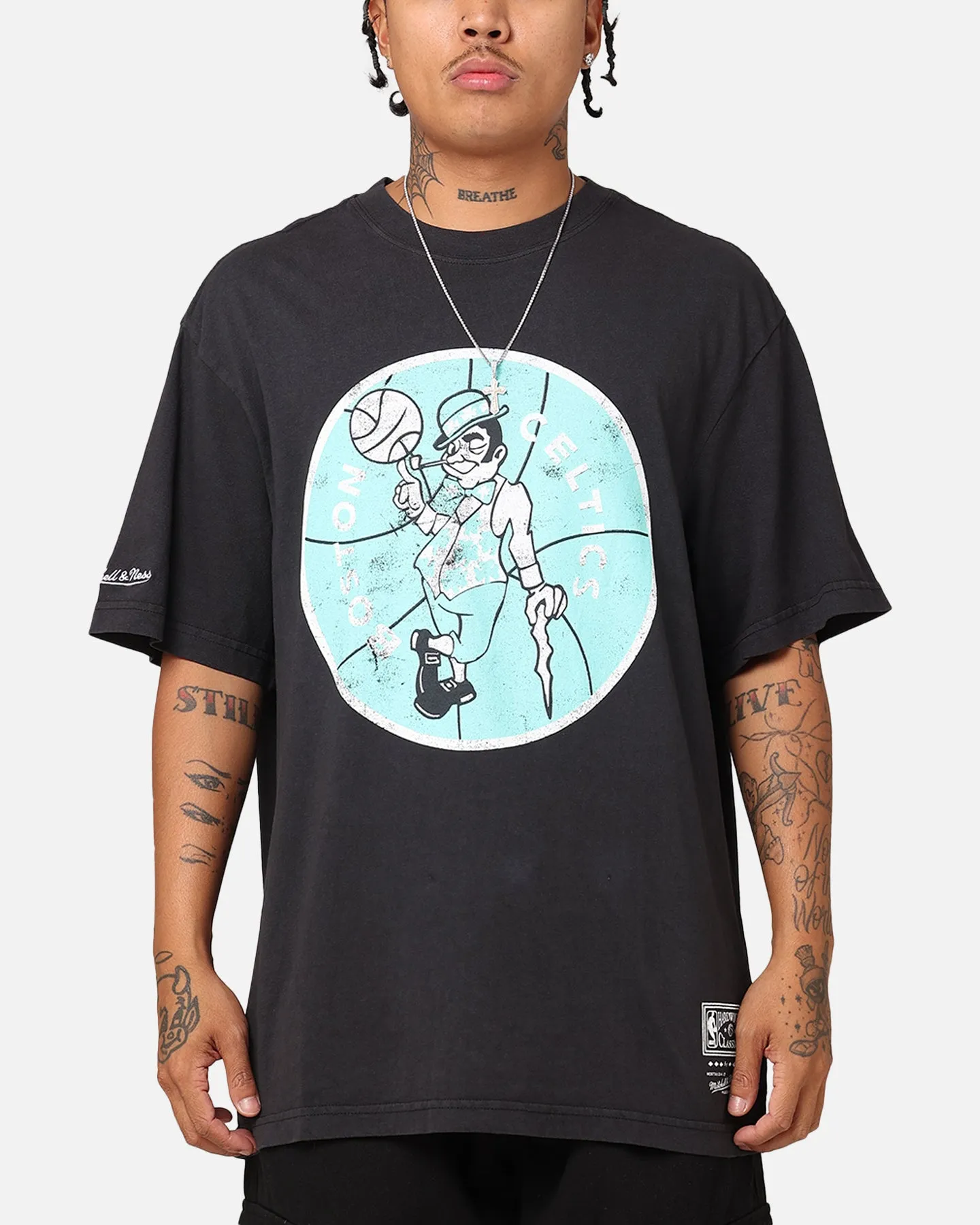 MoistureWickingFabric Breathable Layer Mitchell & Ness Boston Celtics Ice Blue Logo T-Shirt Faded Black