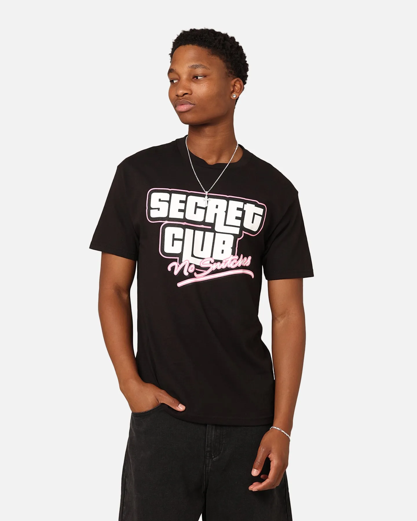 Secret Club No Snitches T-Shirt Black Fun and Playful LayeredHemDetails