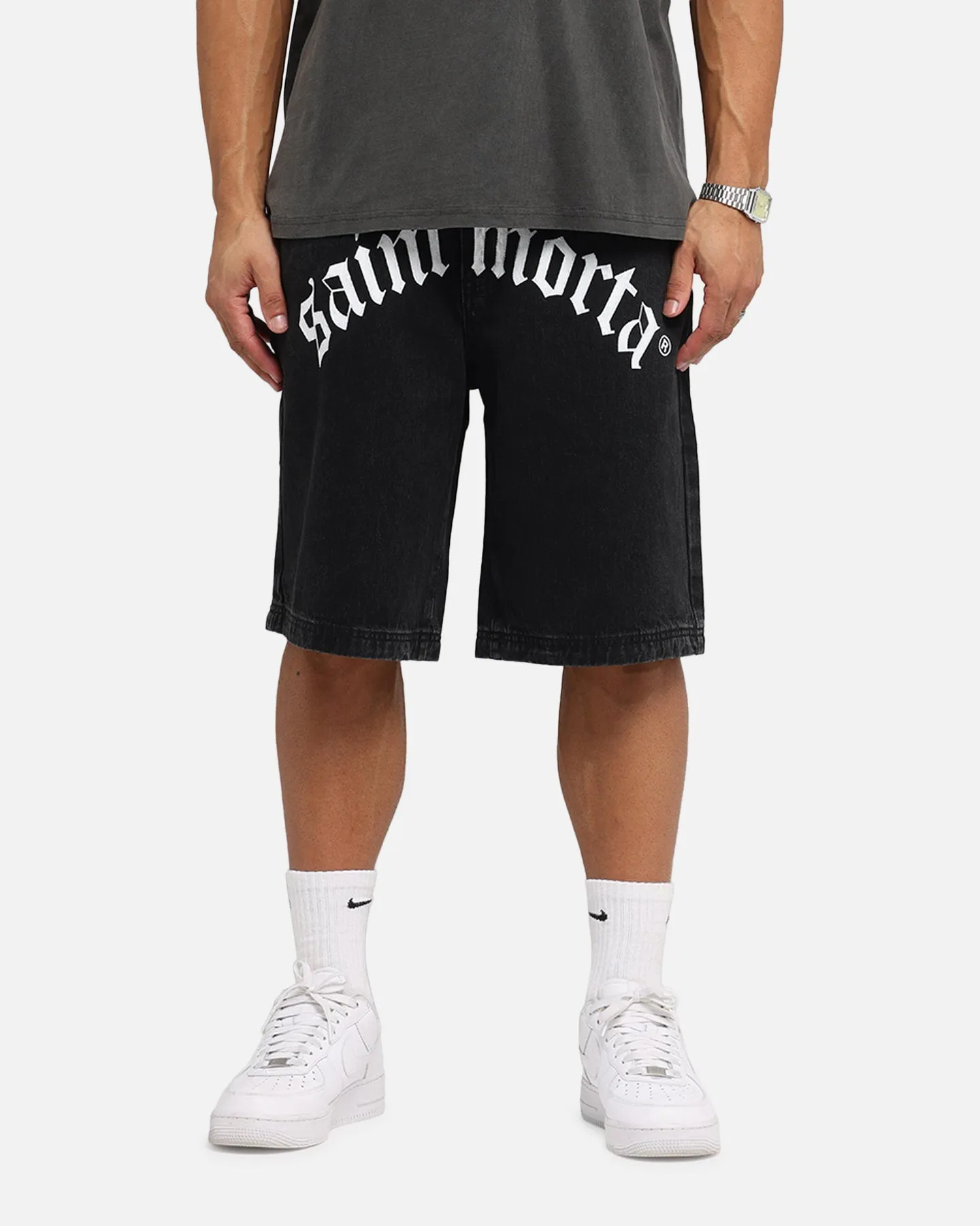 Saint Morta Amplus Gothic Denim Jort Shorts Black Shadow Stylish Layers Sweat Wicking Lining