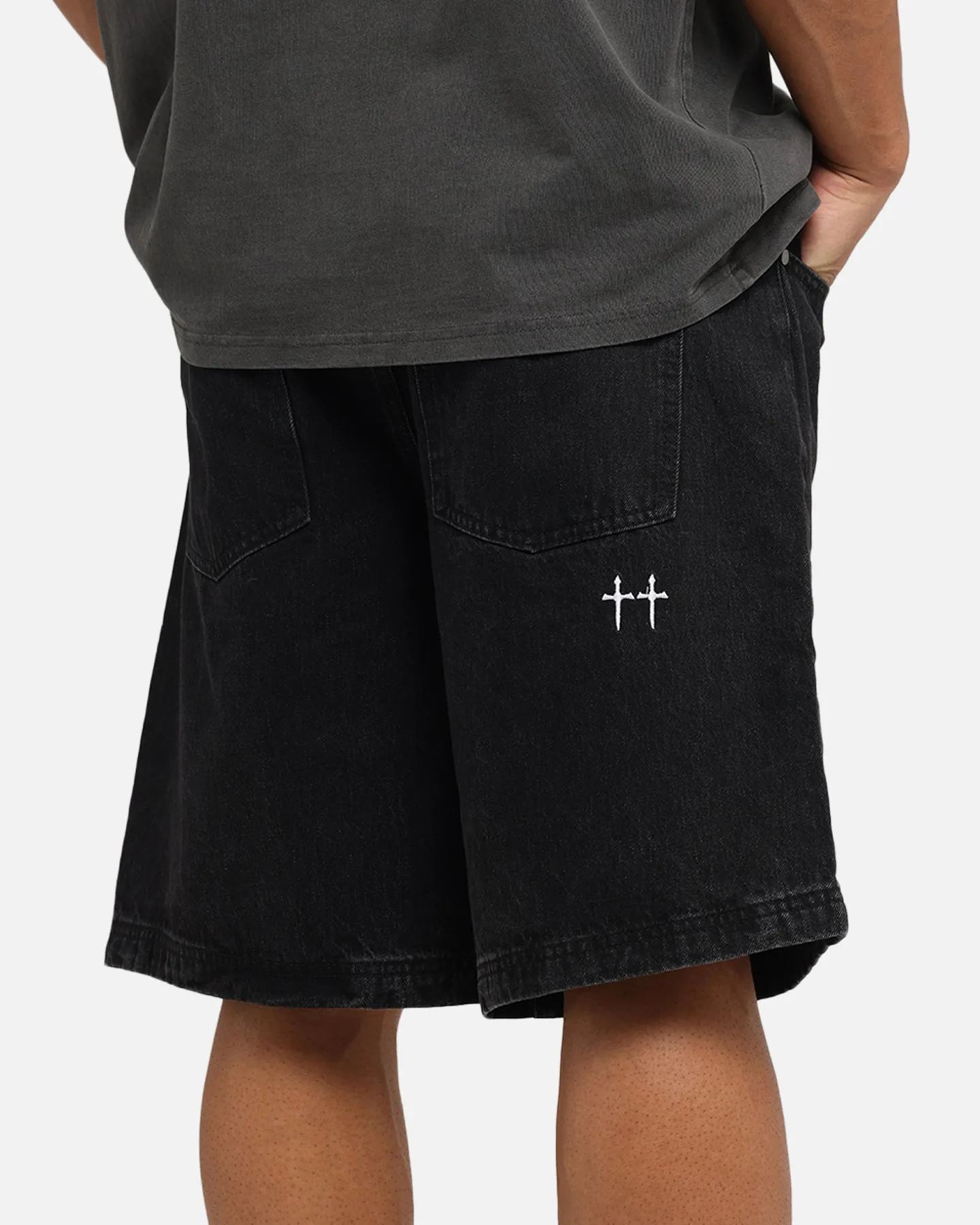 Saint Morta Amplus Gothic Denim Jort Shorts Black Shadow Double Layered Hem Gripper Waistband