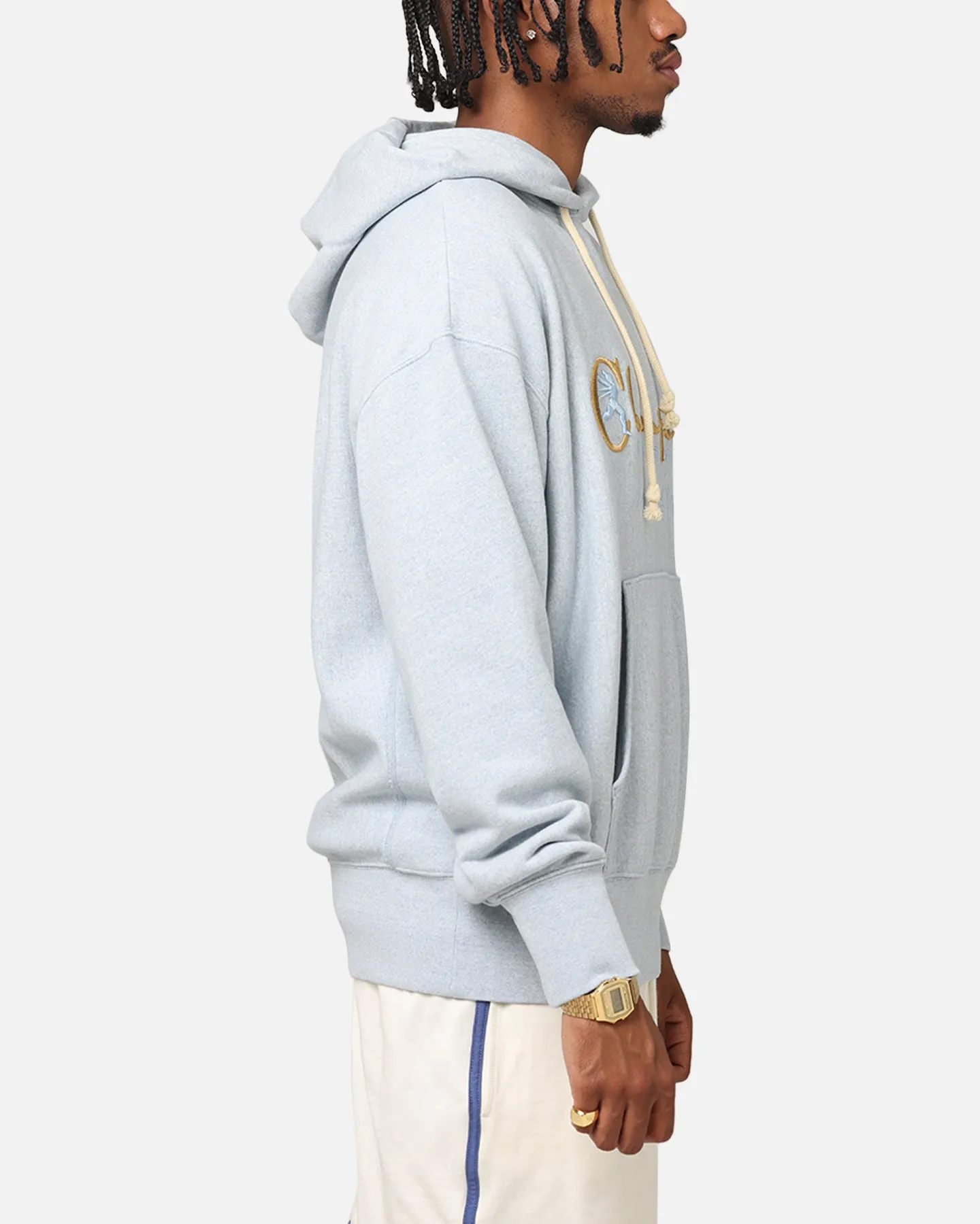 Quilted Panels Triple Stitched Seams Champion Vintage Logo Sweatshirt Hoodie Oxford Grey Heather