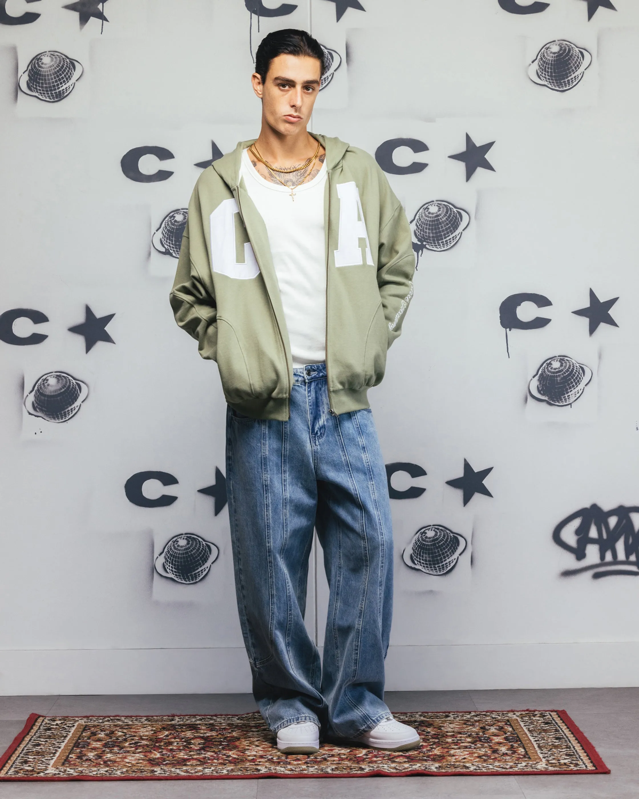 Drop Shoulder Carre Legacy Panelled Zip Hoodie Green