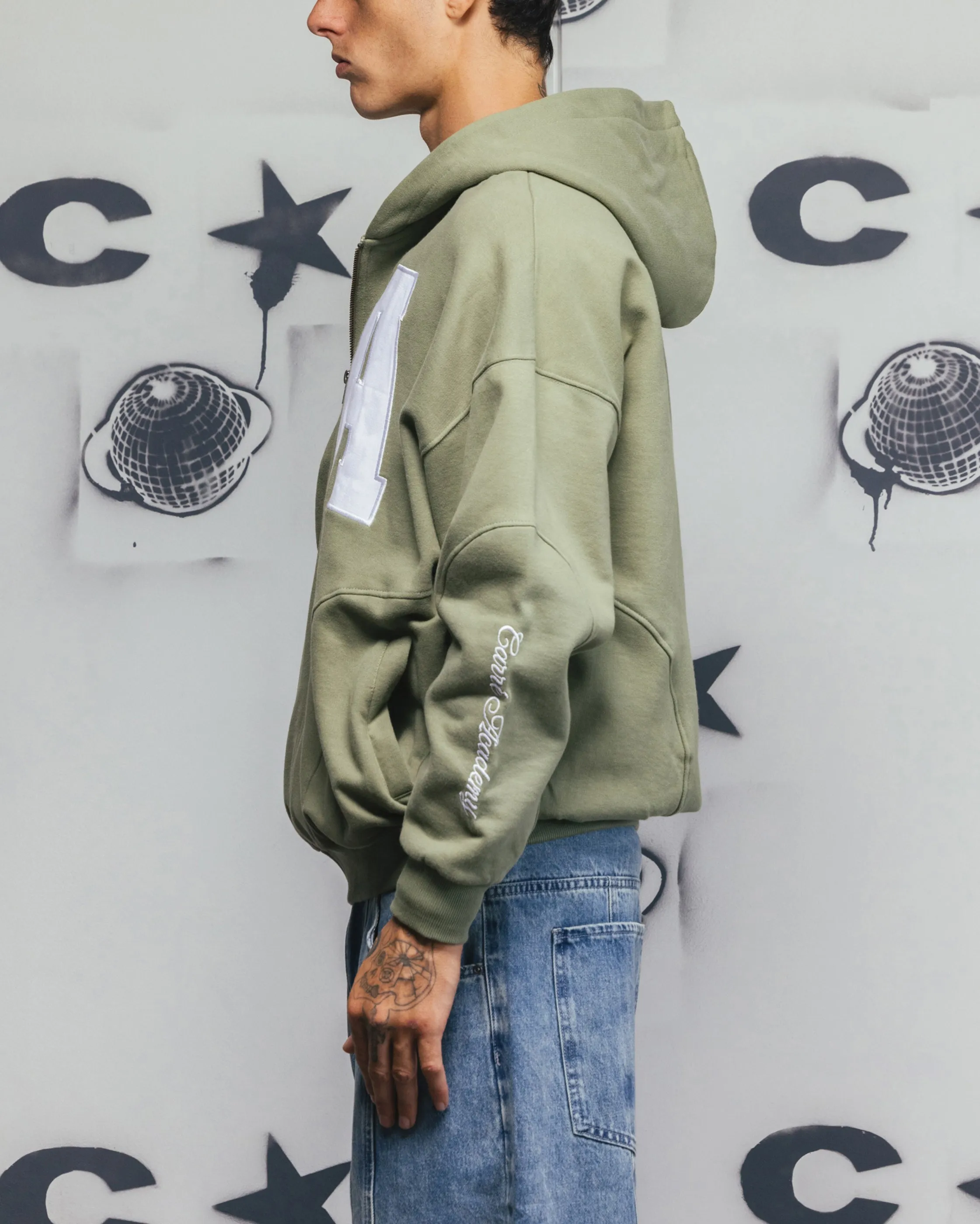 Carre Legacy Panelled Zip Hoodie Green Raccoon like