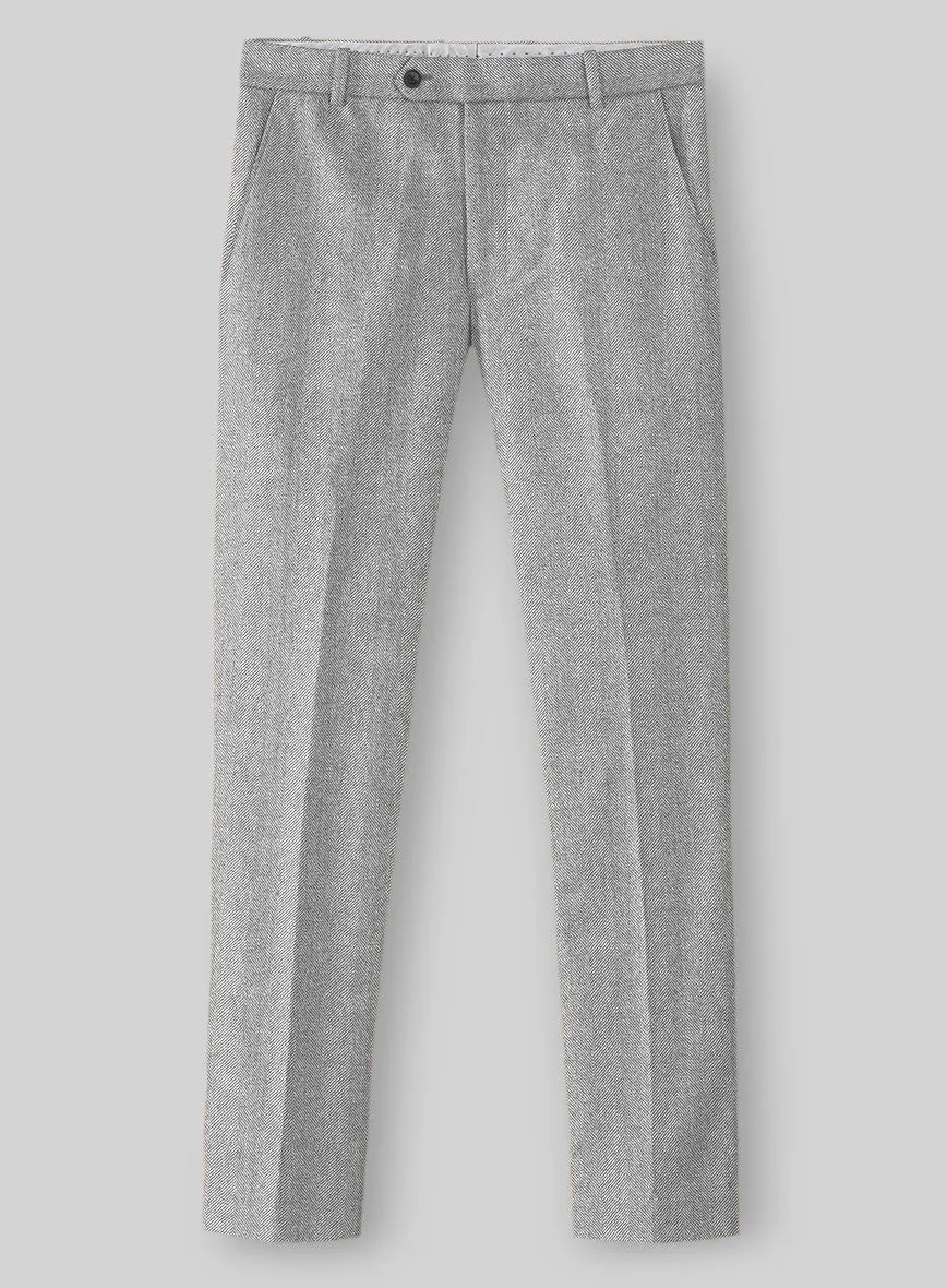 Italian Wide Herringbone Ice Gray Tweed Pants Versatile Fit