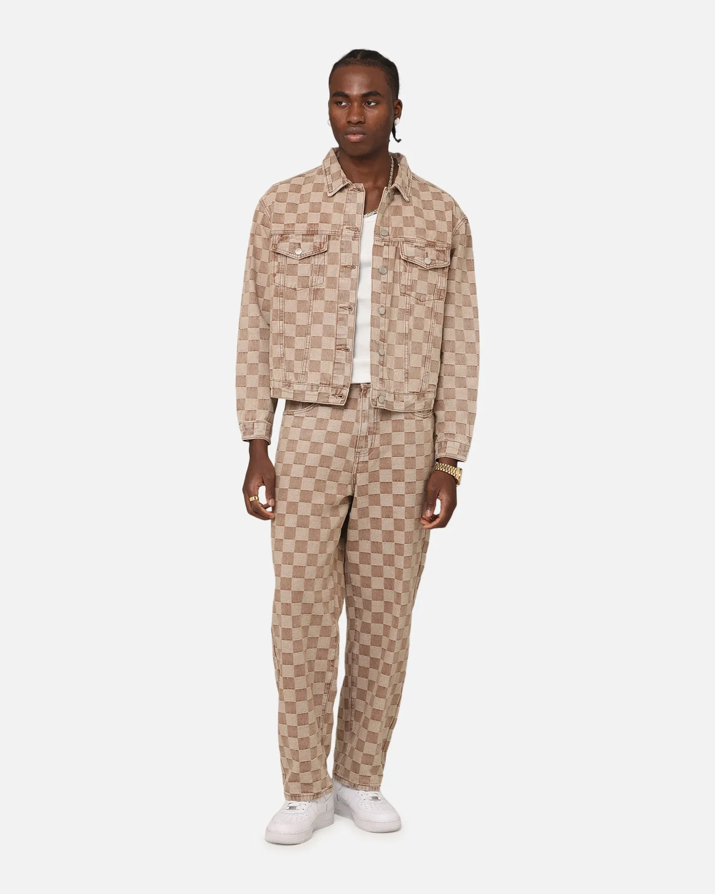 XXIII Checker Board Trucker Jacket Tan Double Layered Hood