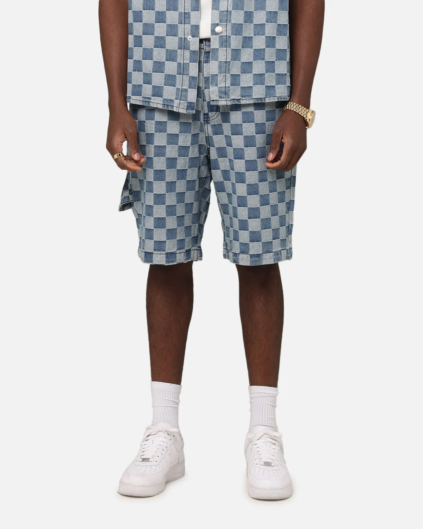 Flexible Gusset Design Easy Fit Design XXIII Checker Board Jort Blue