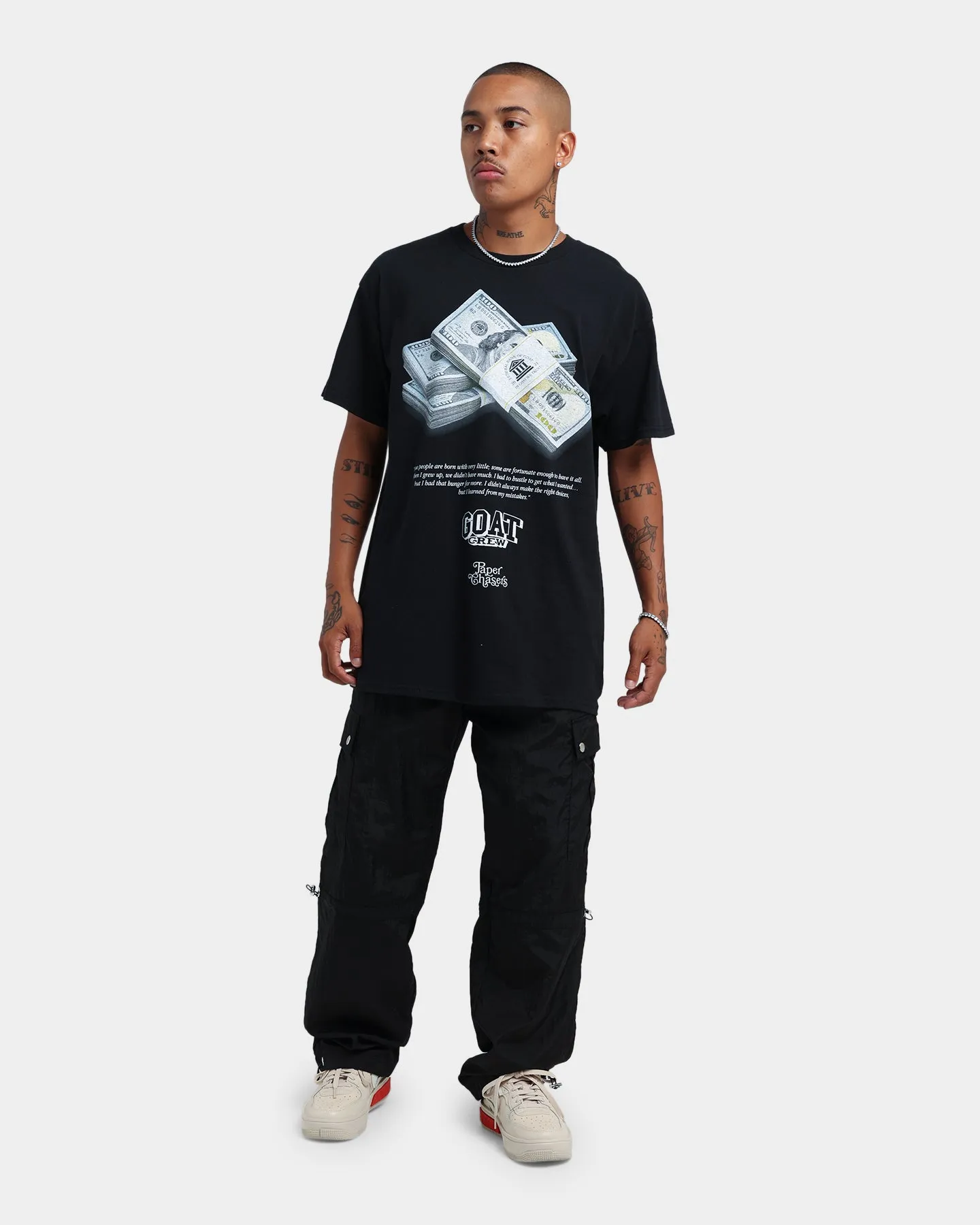 Durable Ribbed Hem Glossy Look Goat Crew Paper Chasers T-Shirt Black
