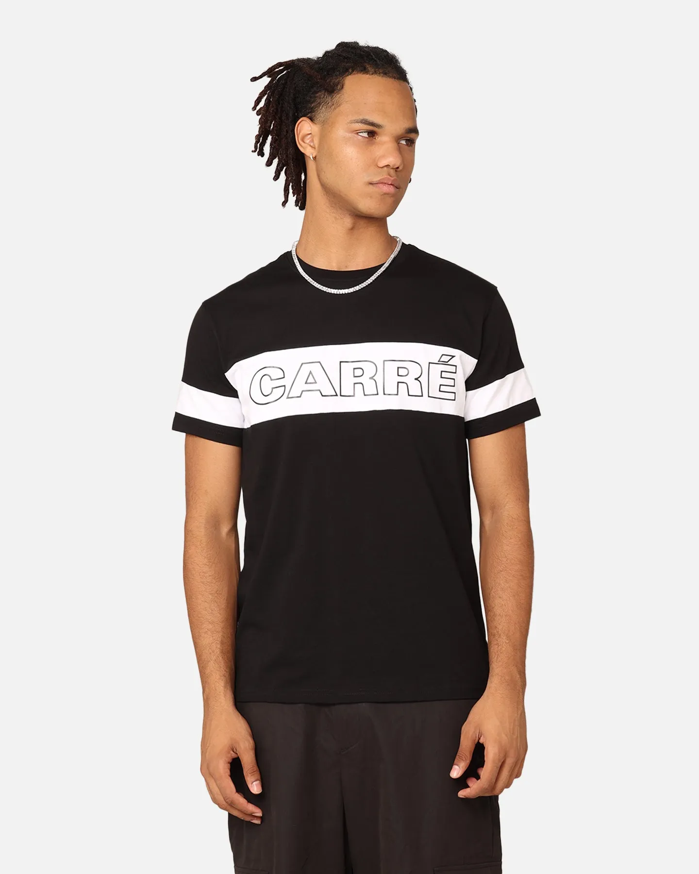 Premium Material Vintage Wash Carre Bars T-Shirt Black/White