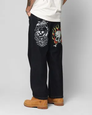 Ed Hardy Wide Leg Skull Jeans Dark Indigo Relaxed Comfort Look sport chic
