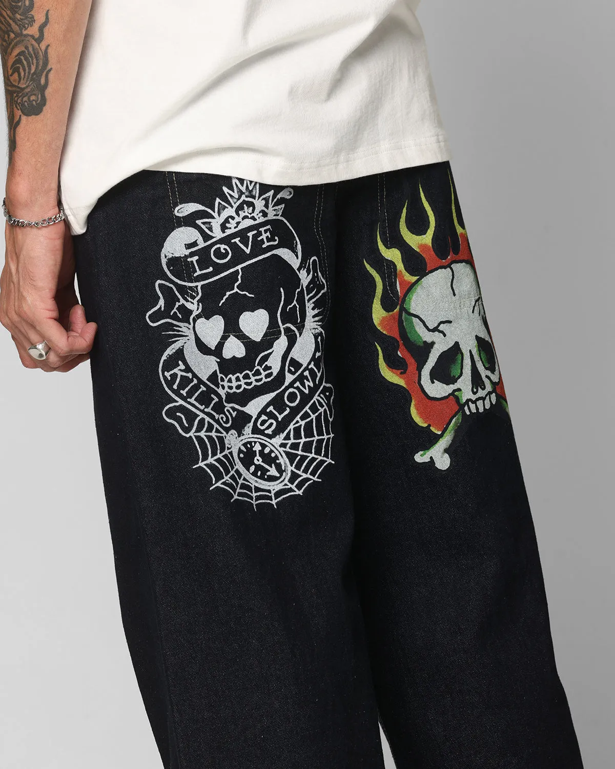 Ed Hardy Wide Leg Skull Jeans Dark Indigo All Day Fit Four Way Stretch