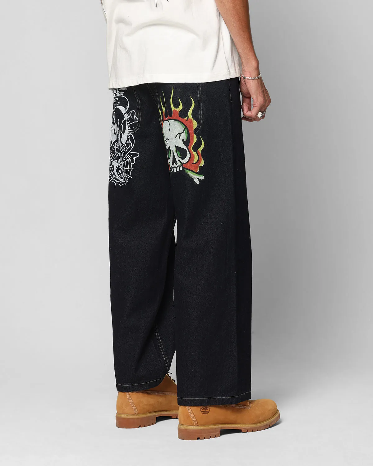 Low Bulk Trail Comfort Ed Hardy Wide Leg Skull Jeans Dark Indigo