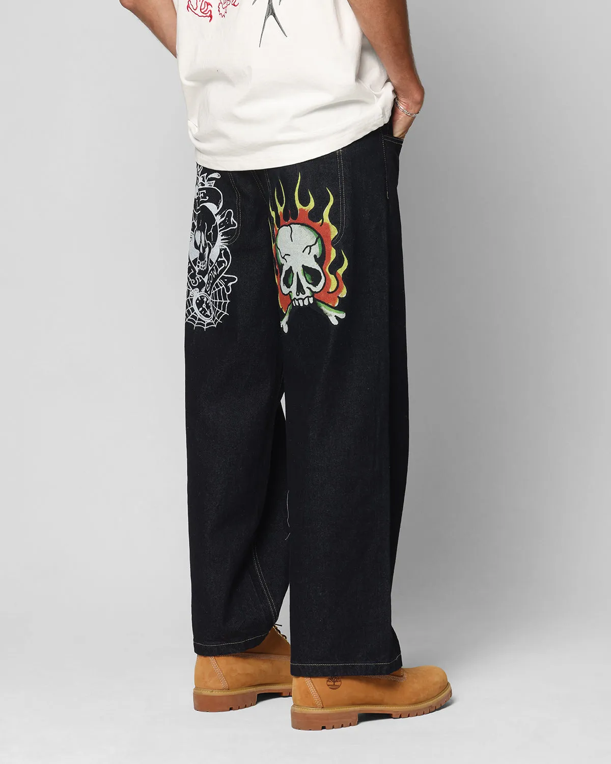 Ed Hardy Wide Leg Skull Jeans Dark Indigo Soft Design Non Slip Waist Grip