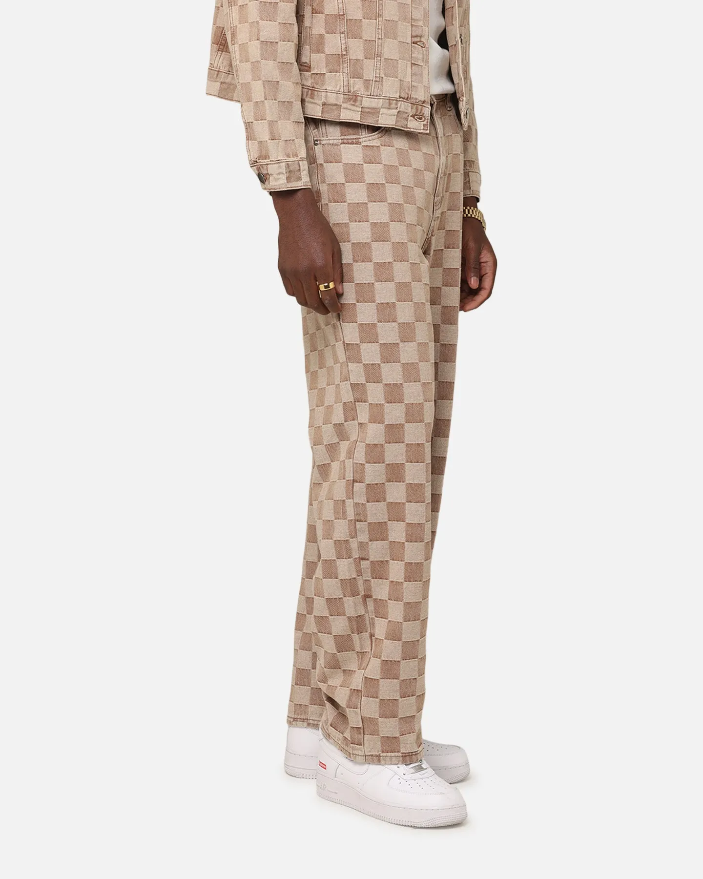 XXIII Checker Board Denim Jeans Tan Minimal Look Reinforced Knees