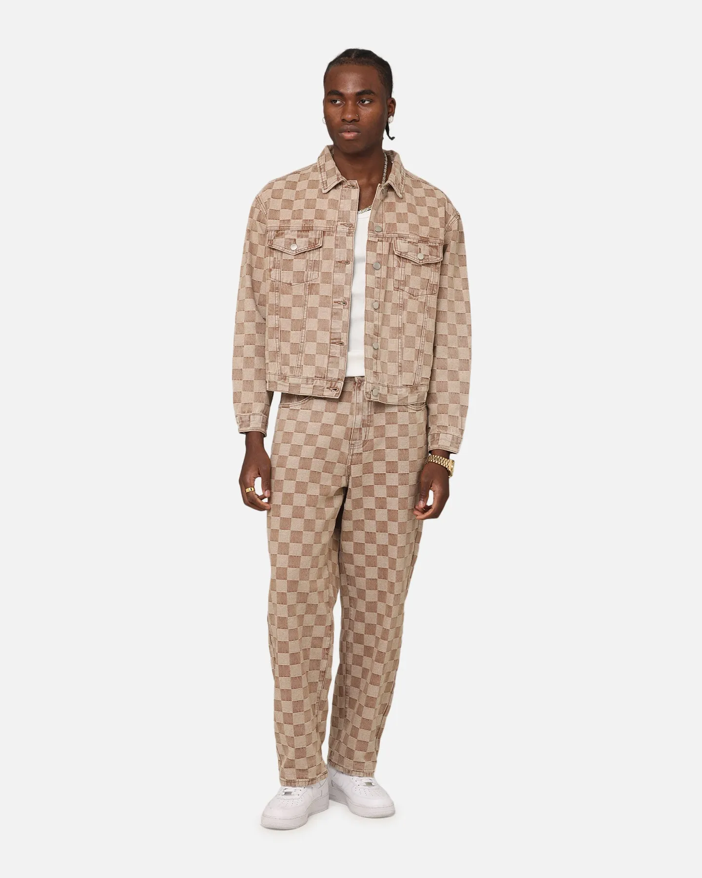 Chic Vibe XXIII Checker Board Denim Jeans Tan