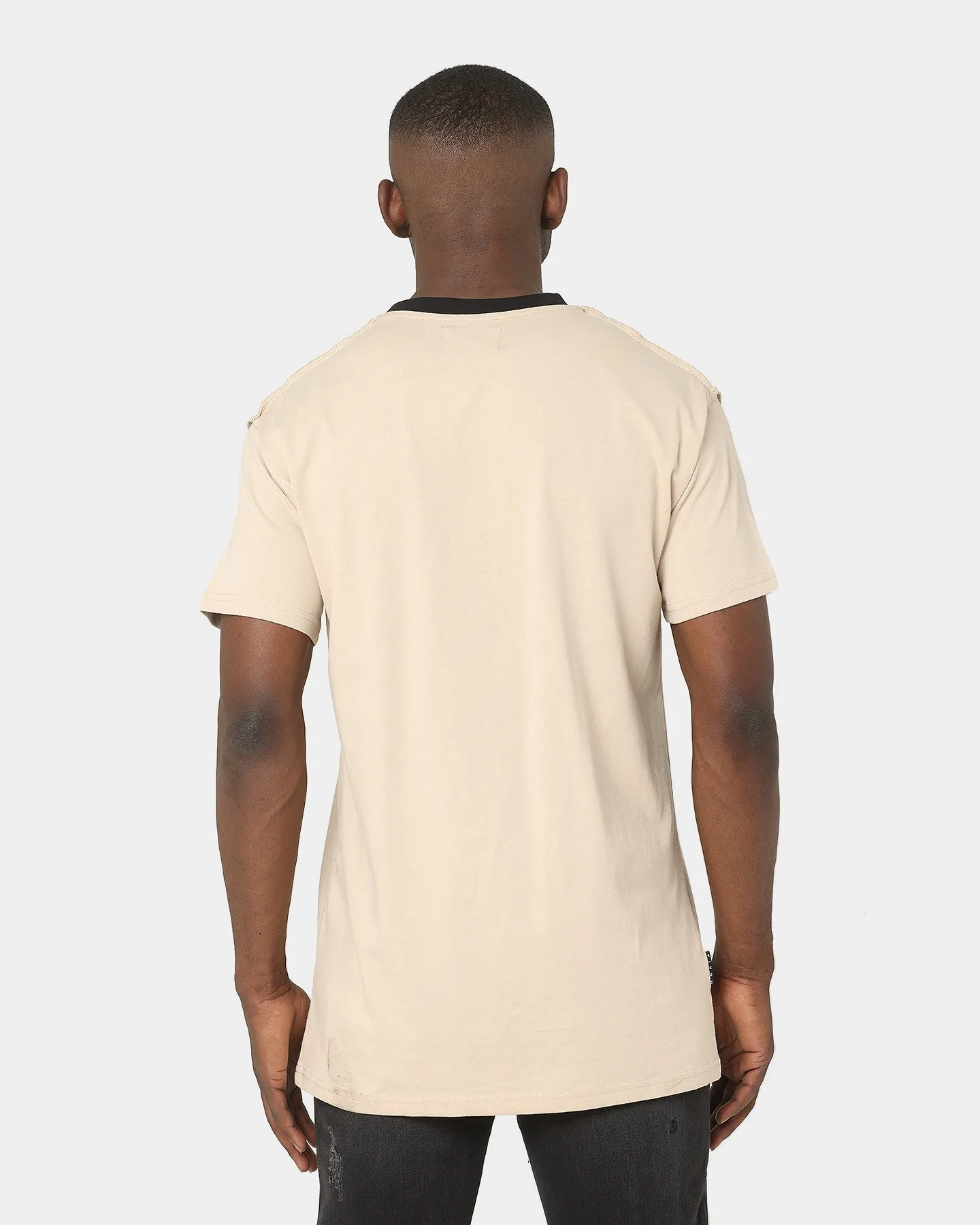 Saint Morta Kingdom Lafayette T-Shirt Stone/Black Raw Edge Hem Slim Fit Design