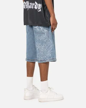 Flexible Layer Gusseted Crotch Ed Hardy Dragon Jorts Mid Blue Denim
