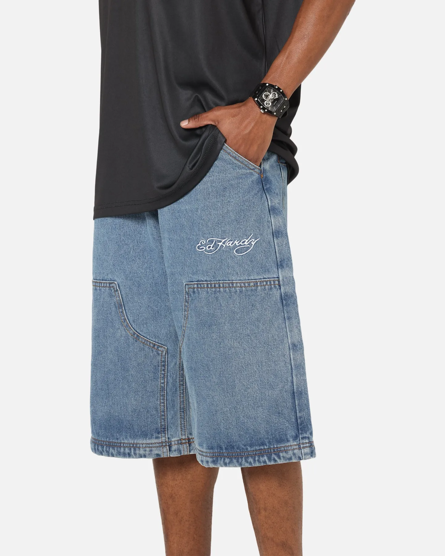 Ed Hardy Dragon Jorts Mid Blue Denim Slim Wear Design Basic Utility