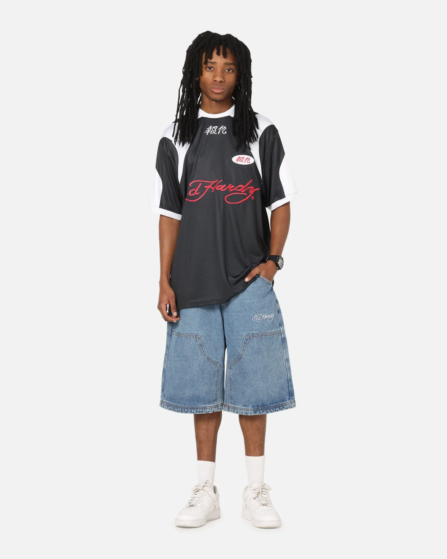 Ed Hardy Dragon Jorts Mid Blue Denim Body Contour Chilly Weather Fit