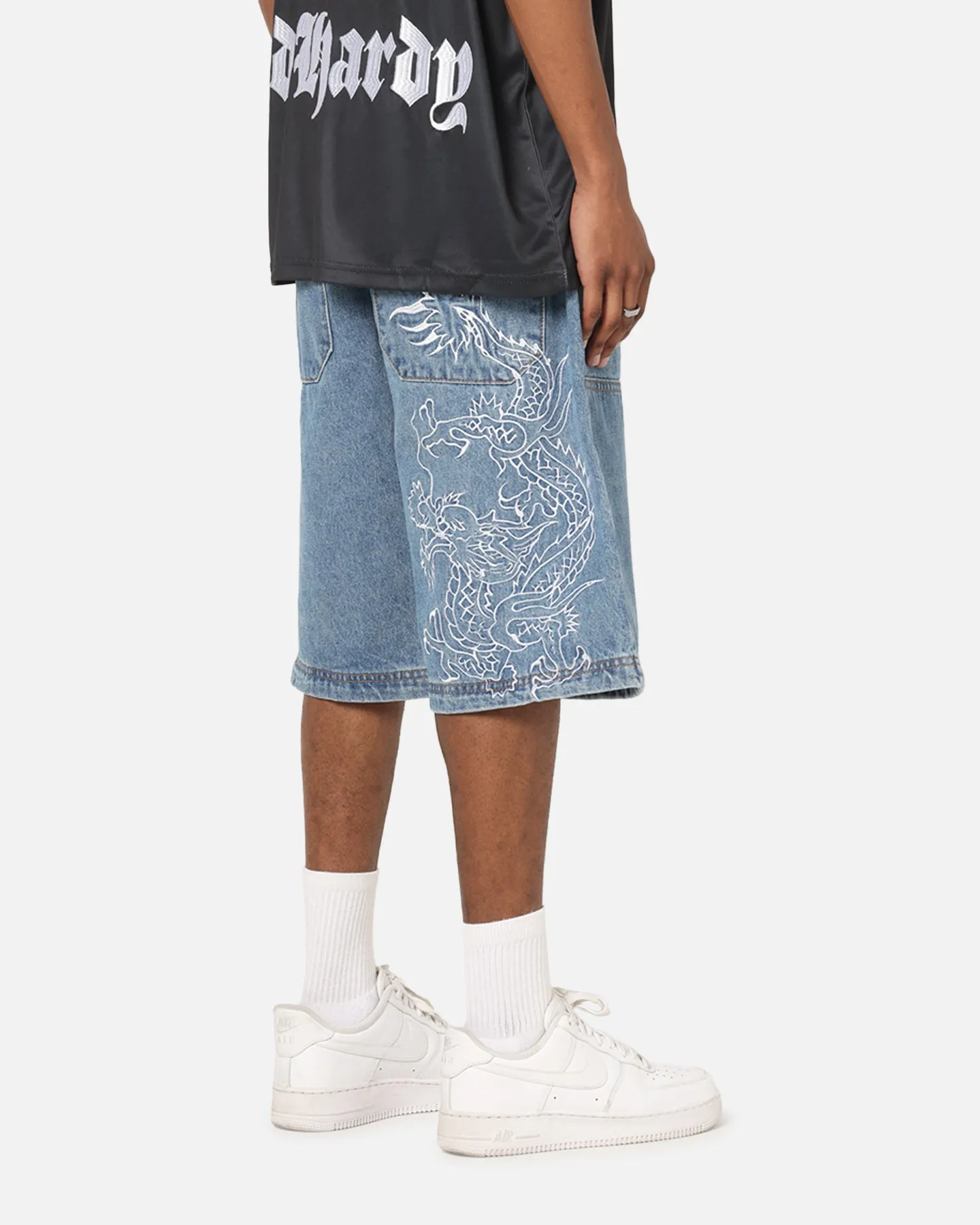 Flexible Layer Gusseted Crotch Ed Hardy Dragon Jorts Mid Blue Denim