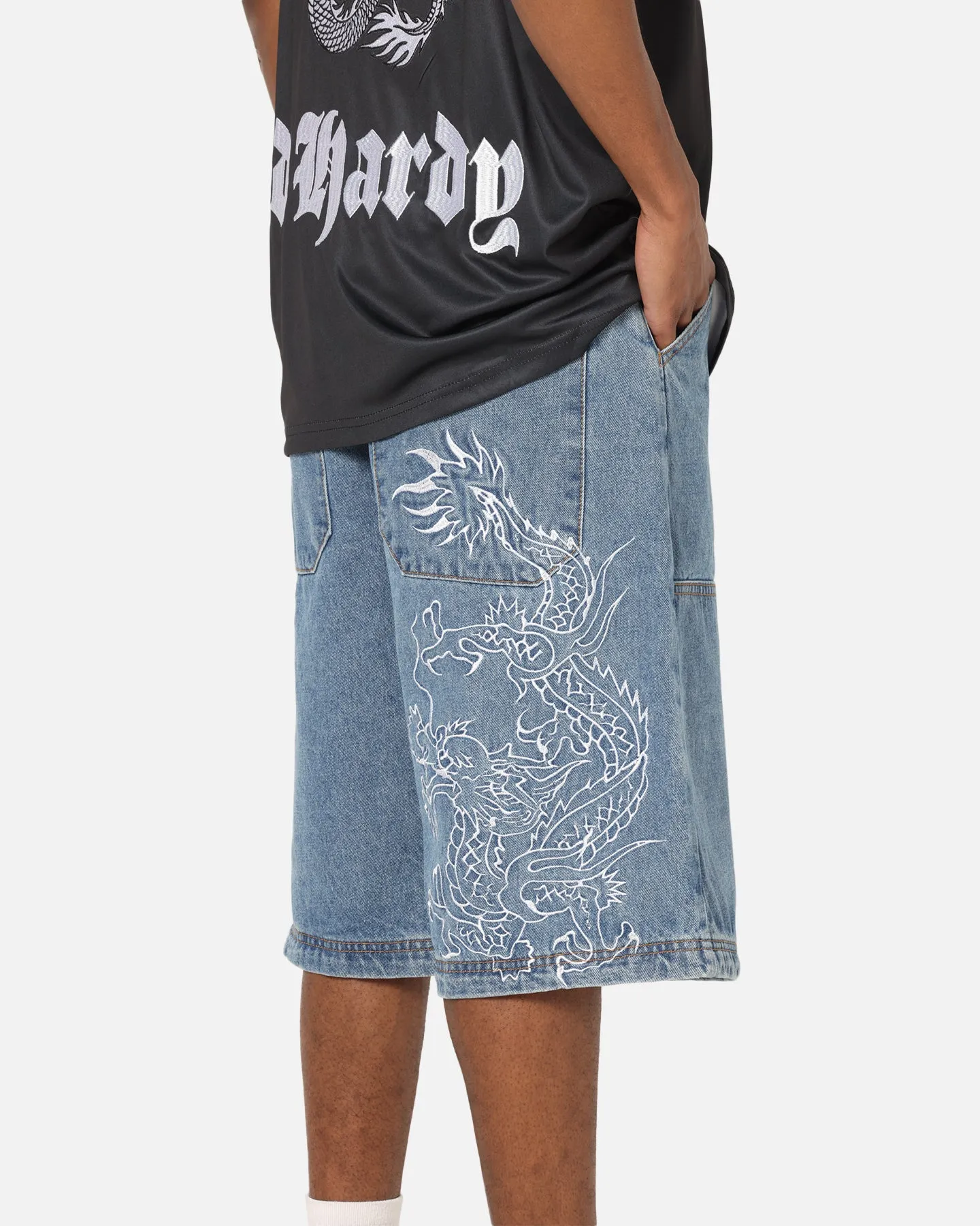 Ed Hardy Dragon Jorts Mid Blue Denim Secure Closures Sleek Fit