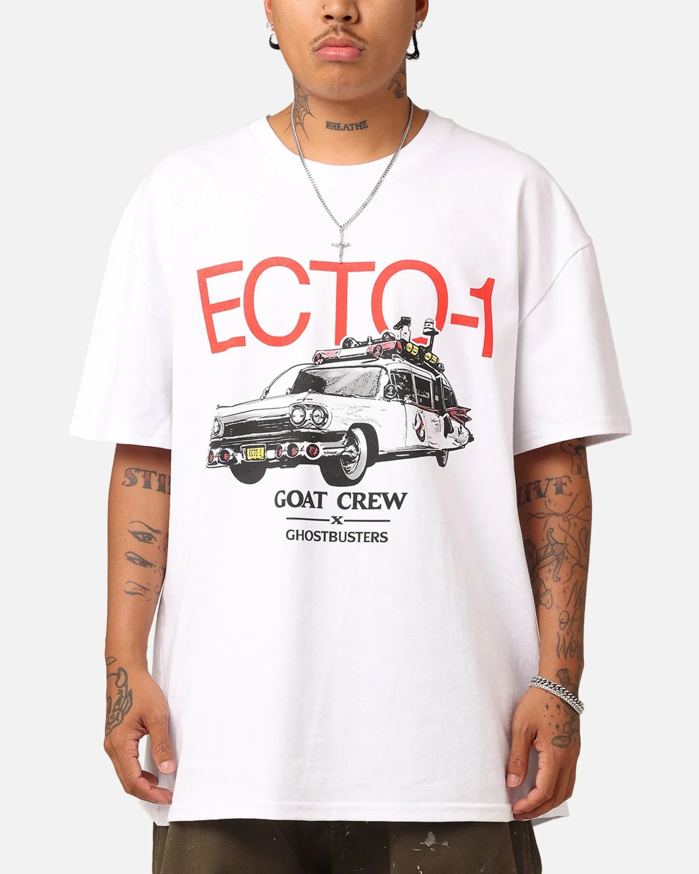 Durable Collar Construction Goat Crew X Ghostbusters Ecto-1 Heavyweight T-Shirt White