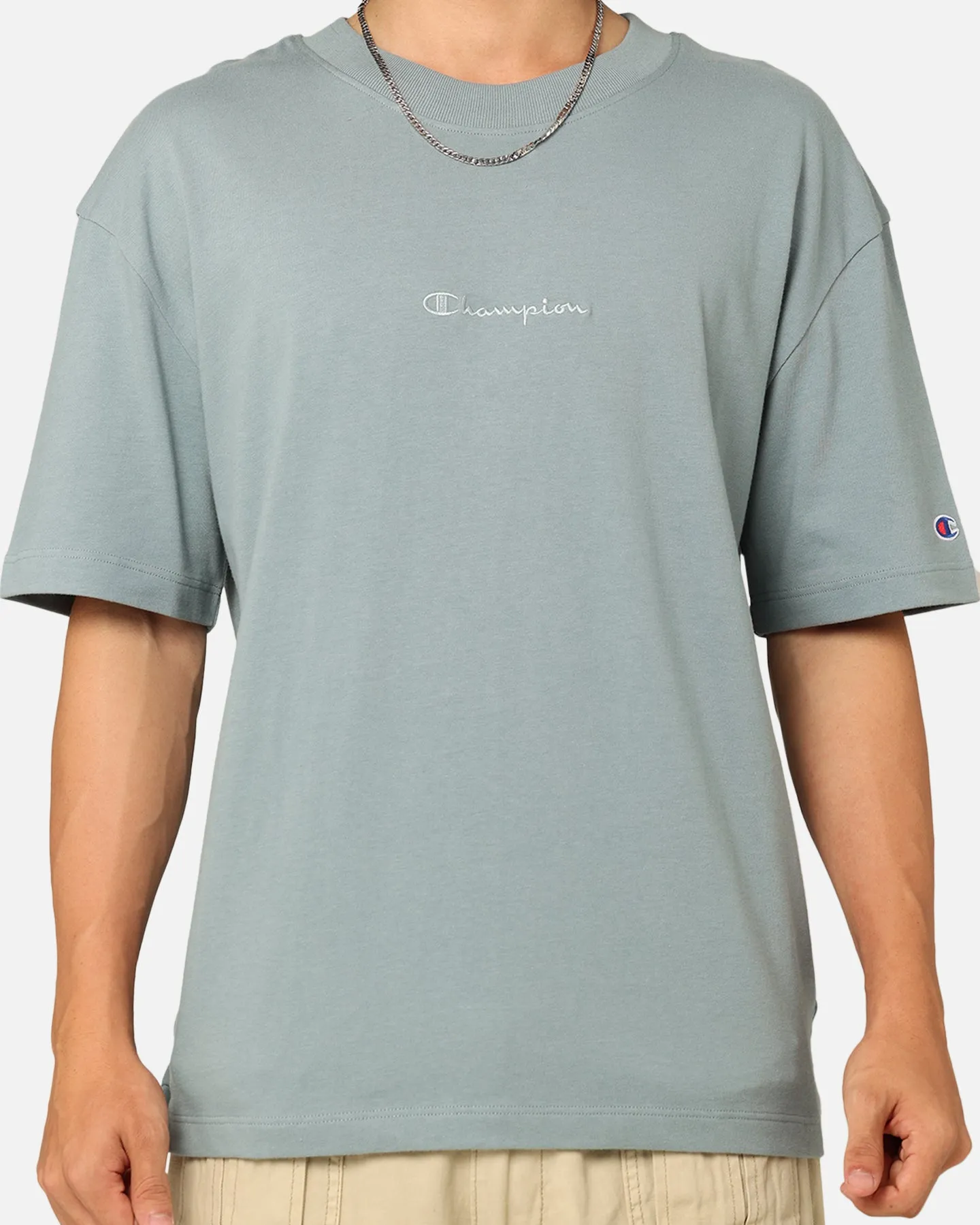 Ethically Sourced Material Champion Heritage New Script T-Shirt Sage Shimmer Green