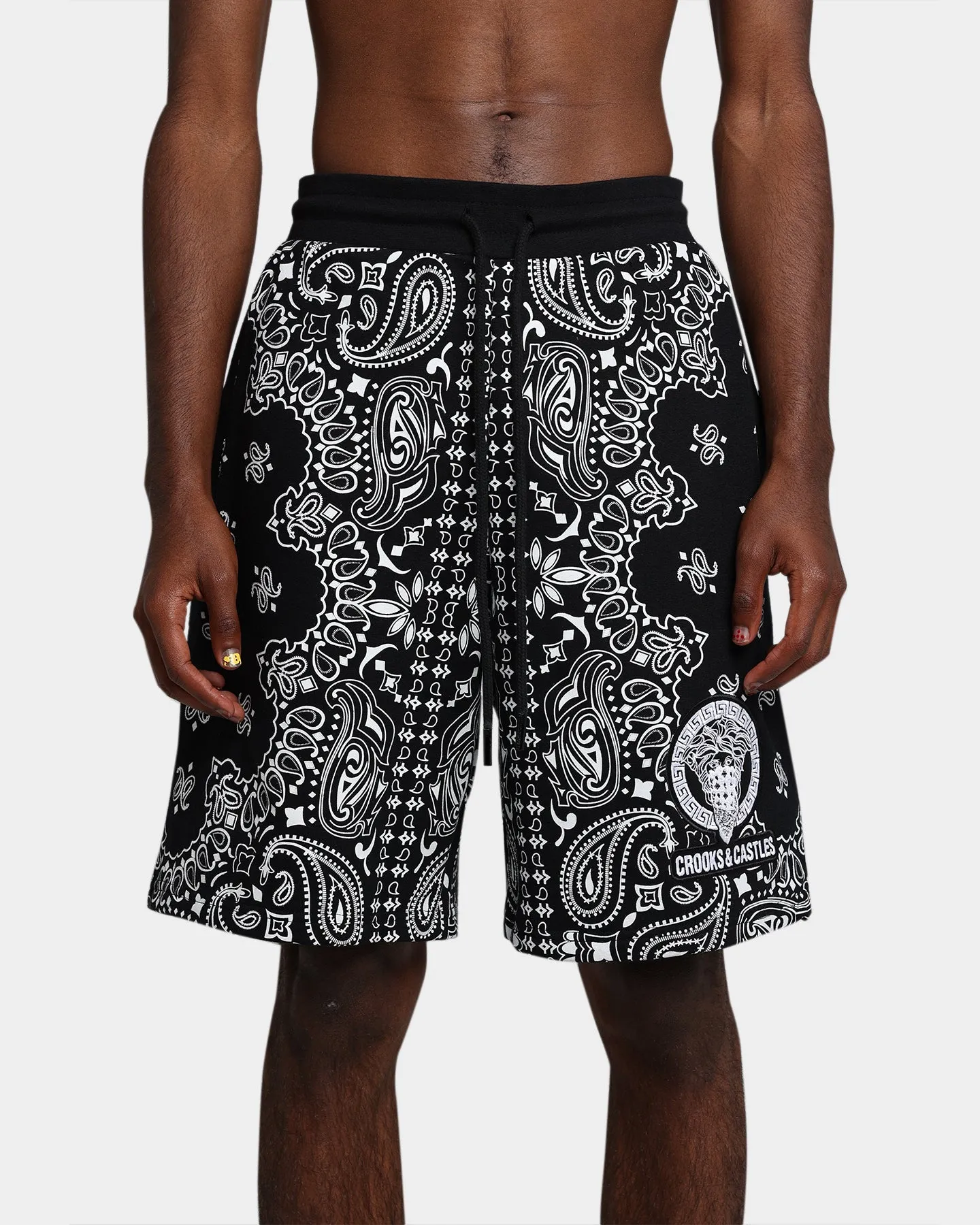 Solid Color Soft Texture Crooks & Castles Bandana Core Shorts Black
