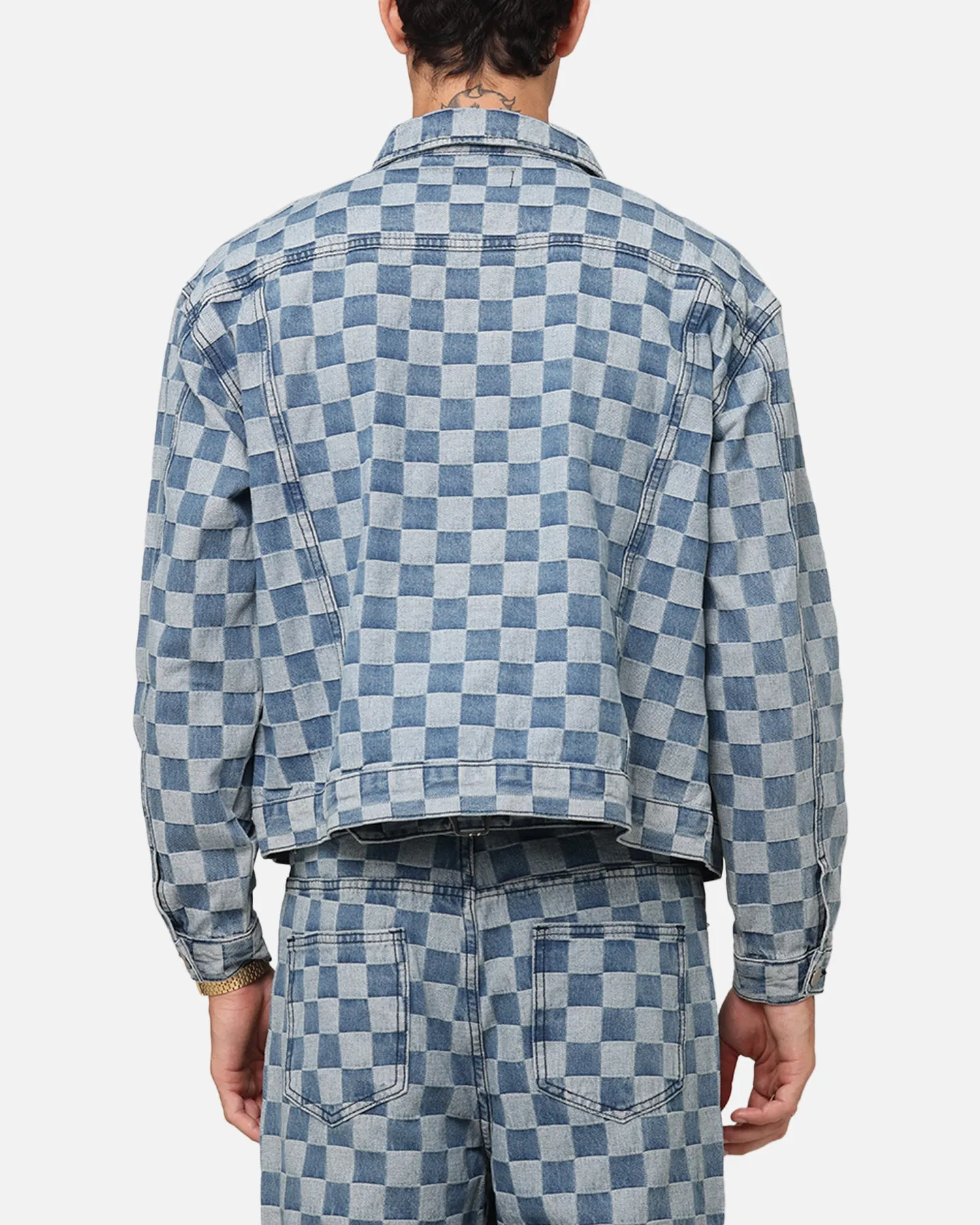 XXIII Checker Board Trucker Jacket Blue tag Foldable Collar Design