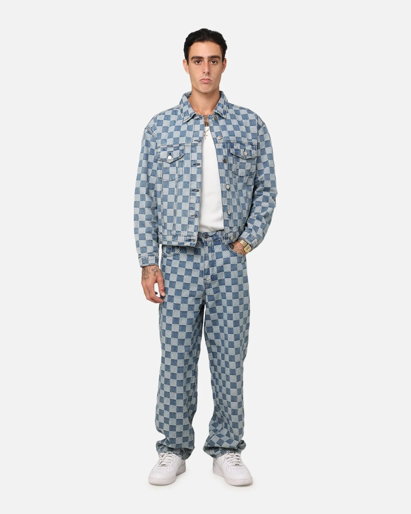 Attitude suitable for corporate events XXIII Checker Board Trucker Jacket Blue