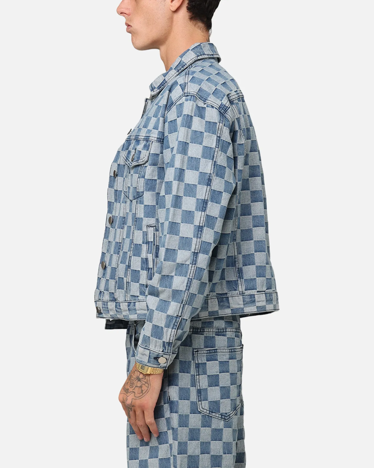 XXIII Checker Board Trucker Jacket Blue Winter Outer Layer