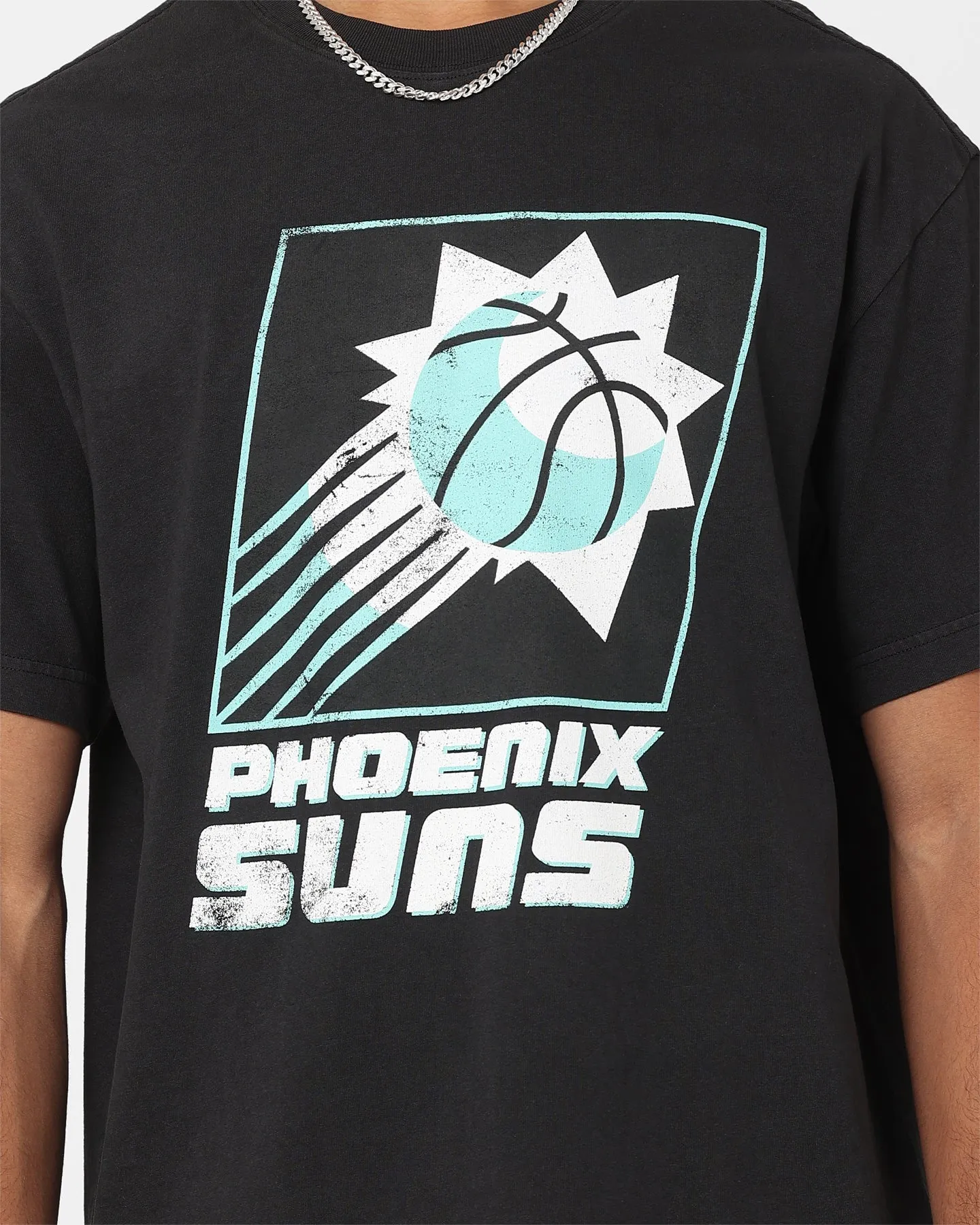 Mitchell & Ness Phoenix Suns Ice Blue Logo T-Shirt Faded Black Sustainable Dye Process Soft Layer