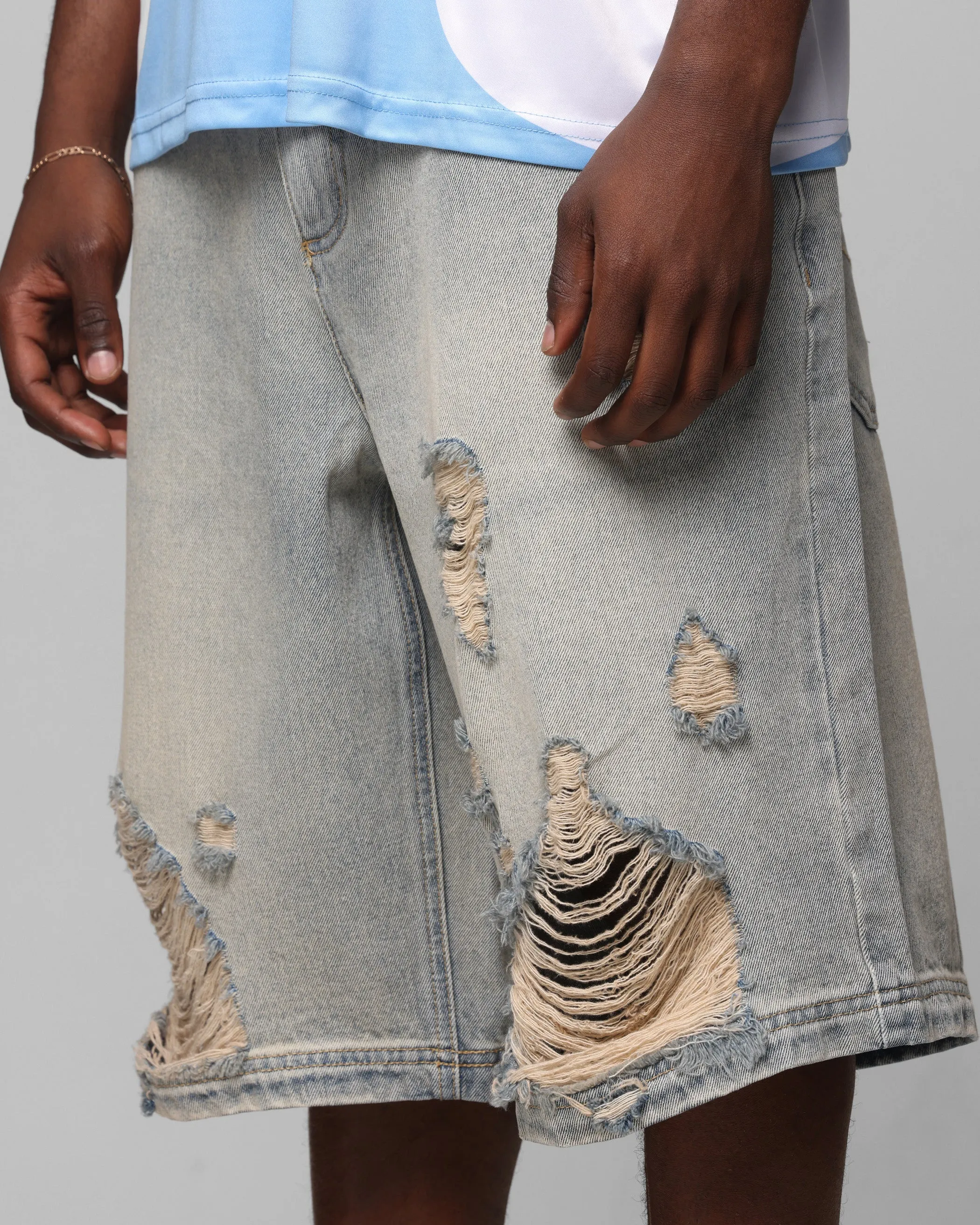 Loiter Collateral Distressed Jorts Vintage Blue Flexible Leg