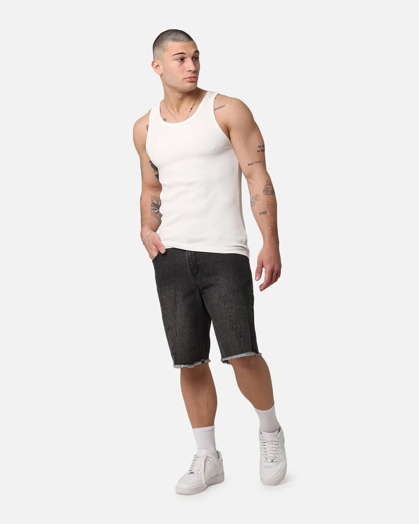 Saint Morta Inferno Baggy Denim Shorts Black Shadow Quick Movement Fit Durable Hem Finishing