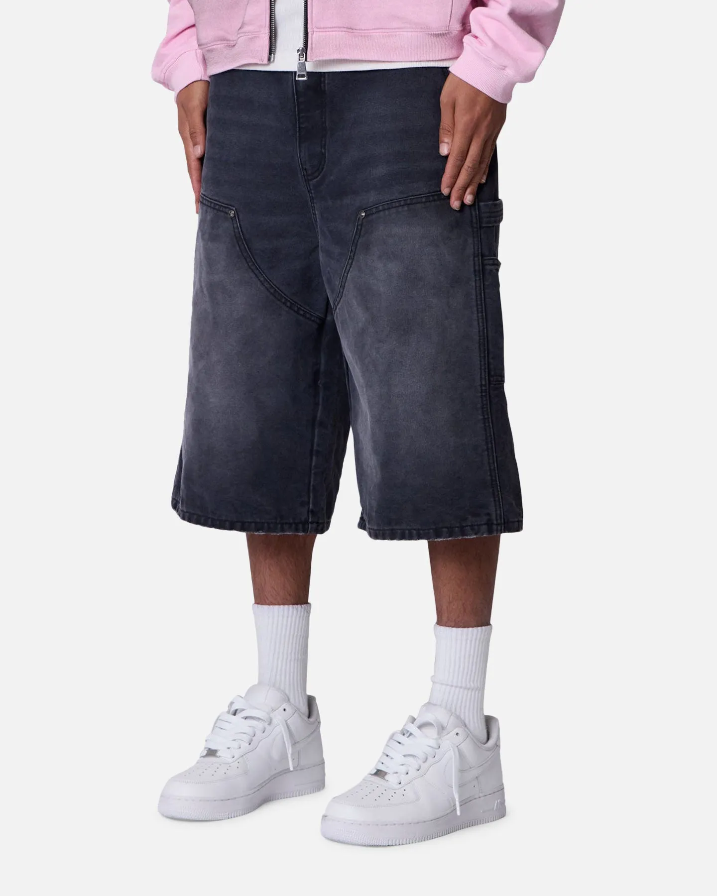 MNML Ultra Baggy Carpenter Shorts Washed Black Easy Care Material Smooth Flatlock Seams