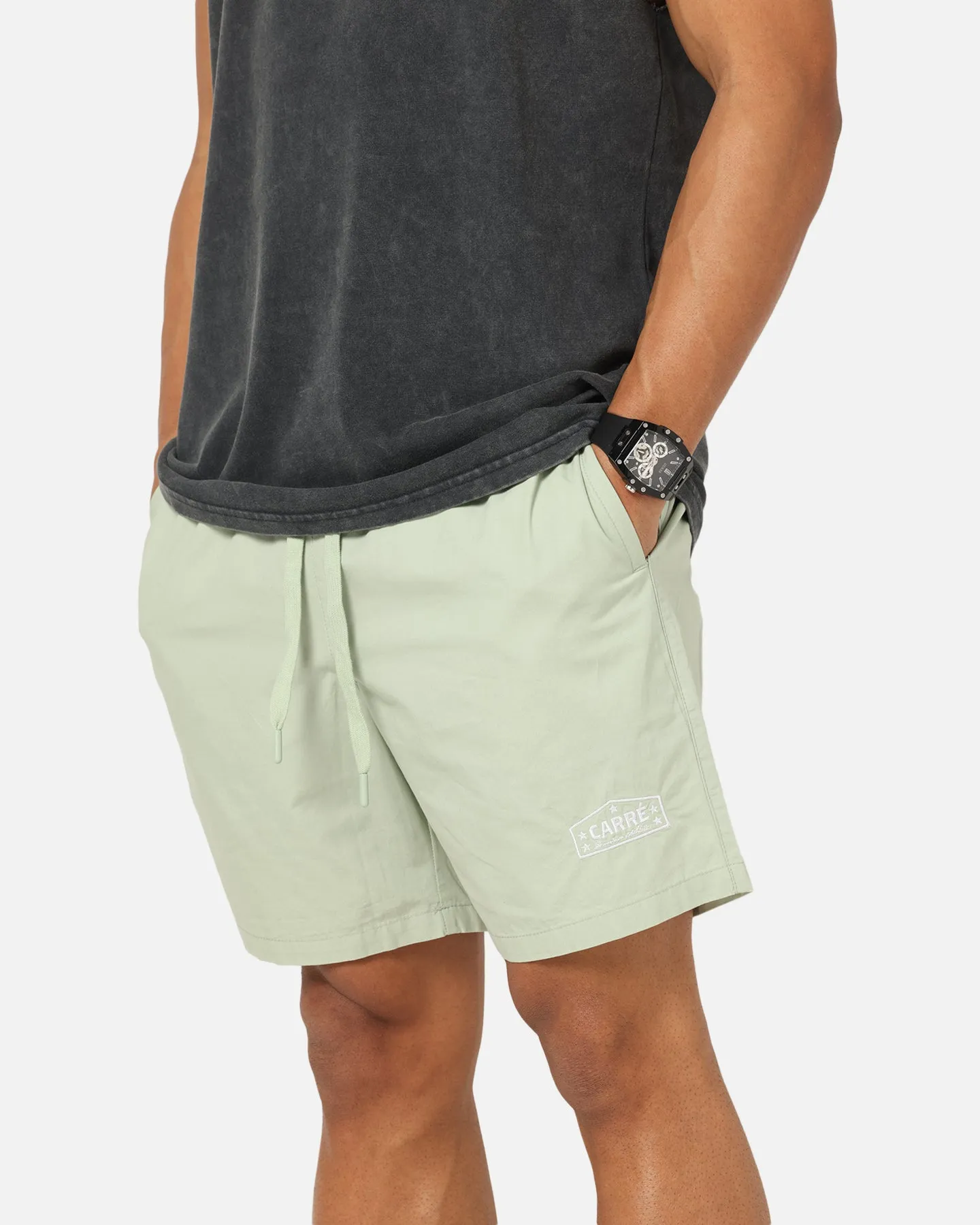 Carre Block Star Beach Shorts Sage Stretch Fit Slim Flex