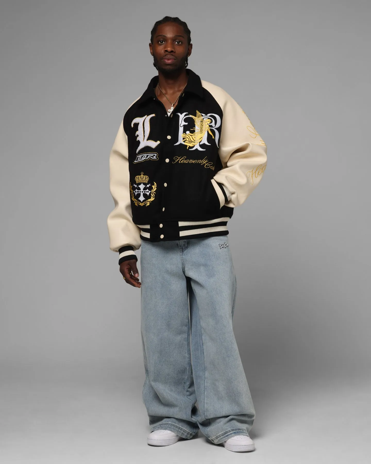 Loiter Heaven Varsity Jacket Black/Off White Rugged Comfort Hook and loop fasteners