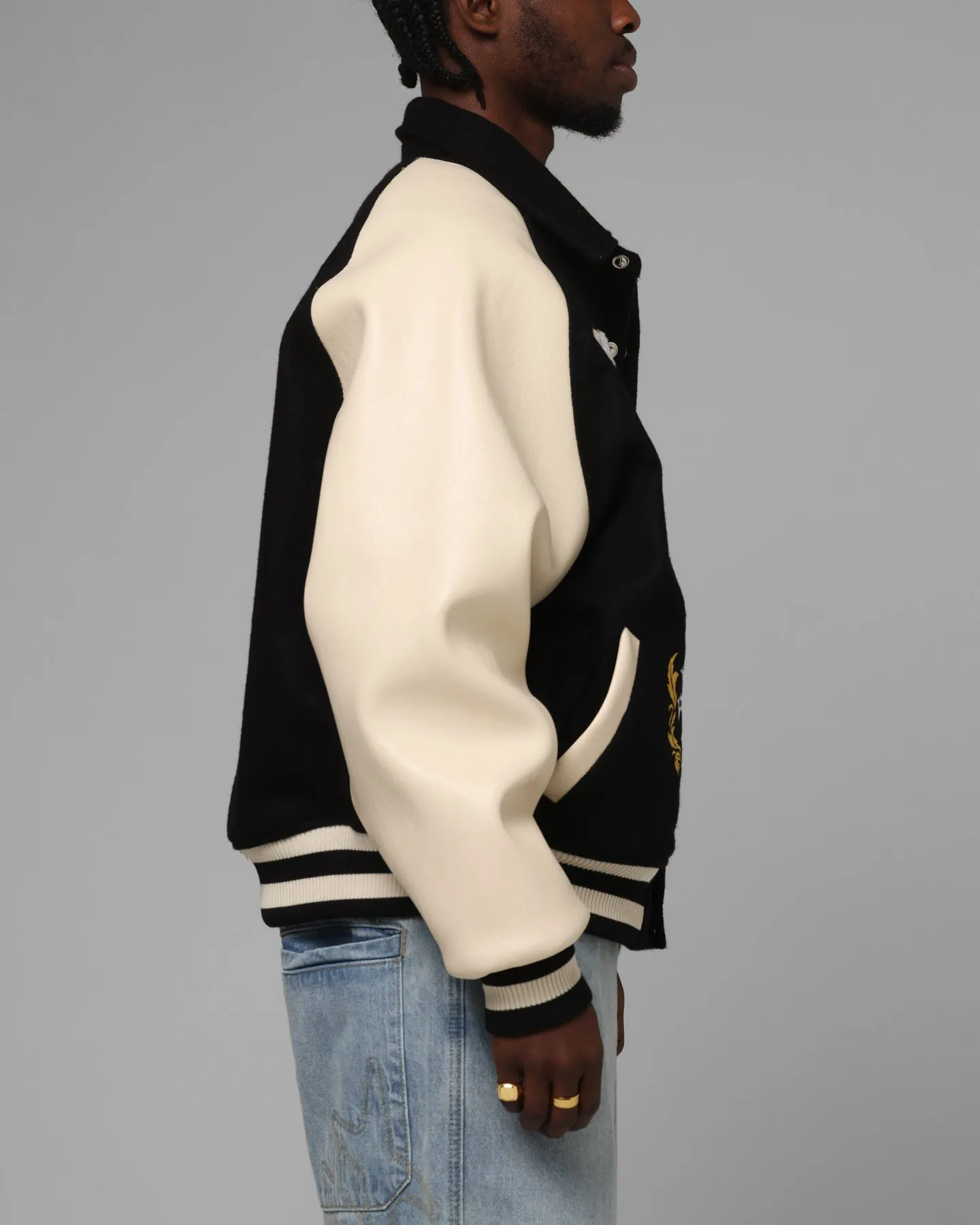 Loiter Heaven Varsity Jacket Black/Off White Winter Look Volunteer