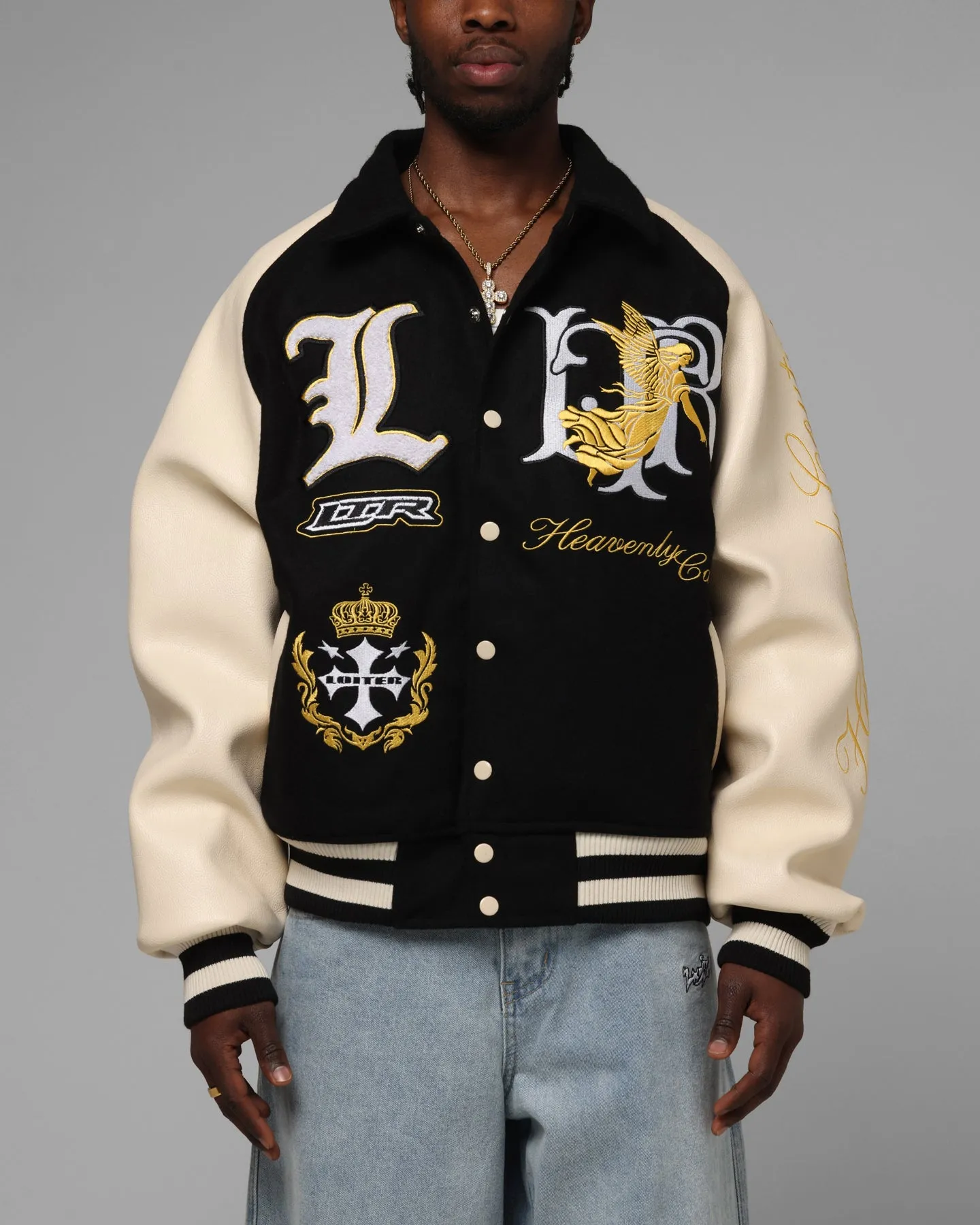 Loiter Heaven Varsity Jacket Black/Off White Stretch Knit Fabric short sleeved