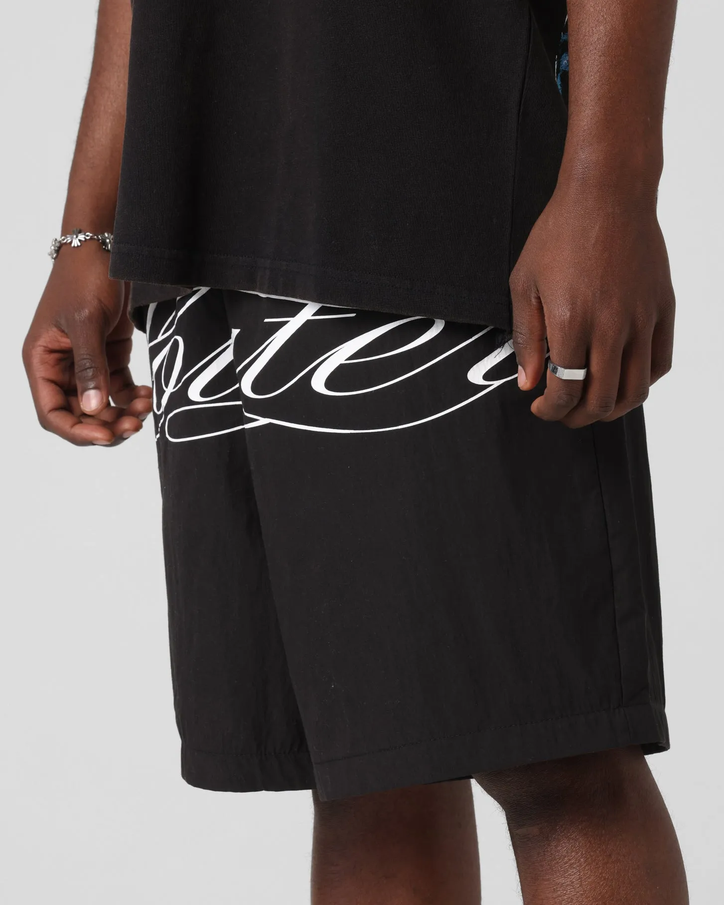 Loiter Script Walk Shorts Black Warm Day Outfit